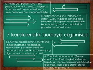 7 karakterisitik budaya organisasi
1. Inovasi dan pengambilan risiko
(Innovation and risk taking). Tingkatan
dimana para karyawan terdorong
untuk berinovasi dan mengambil risiko.
2. Perhatian yang rinci (Attention to
detail). Suatu tingkatan dimana para
karyawan diharapkan memperlihatkan
kecermatan (precision), analisis dan
perhatian kepada rincian.
3. Orientasi hasil (Outcome orientation).
Tingkatan dimana manajemen
memusatkan perhatian pada hasil
bukannya pada teknik dan proses yang
digunakan untuk mencapai hasil.
4. Orientasi pada manusia (People
orientation). Suatu tingkatan dimana
keputusan manajemen memperhitungkan
efek hasil – hasil pada orang–orang
anggota organisasi itu.
 