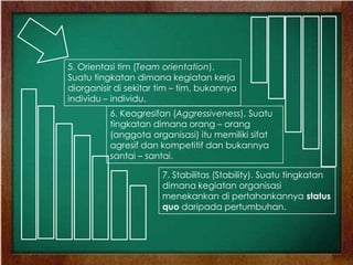 5. Orientasi tim (Team orientation).
Suatu tingkatan dimana kegiatan kerja
diorganisir di sekitar tim – tim, bukannya
individu – individu.
6. Keagresifan (Aggressiveness). Suatu
tingkatan dimana orang – orang
(anggota organisasi) itu memiliki sifat
agresif dan kompetitif dan bukannya
santai – santai.
7. Stabilitas (Stability). Suatu tingkatan
dimana kegiatan organisasi
menekankan di pertahankannya status
quo daripada pertumbuhan.
 