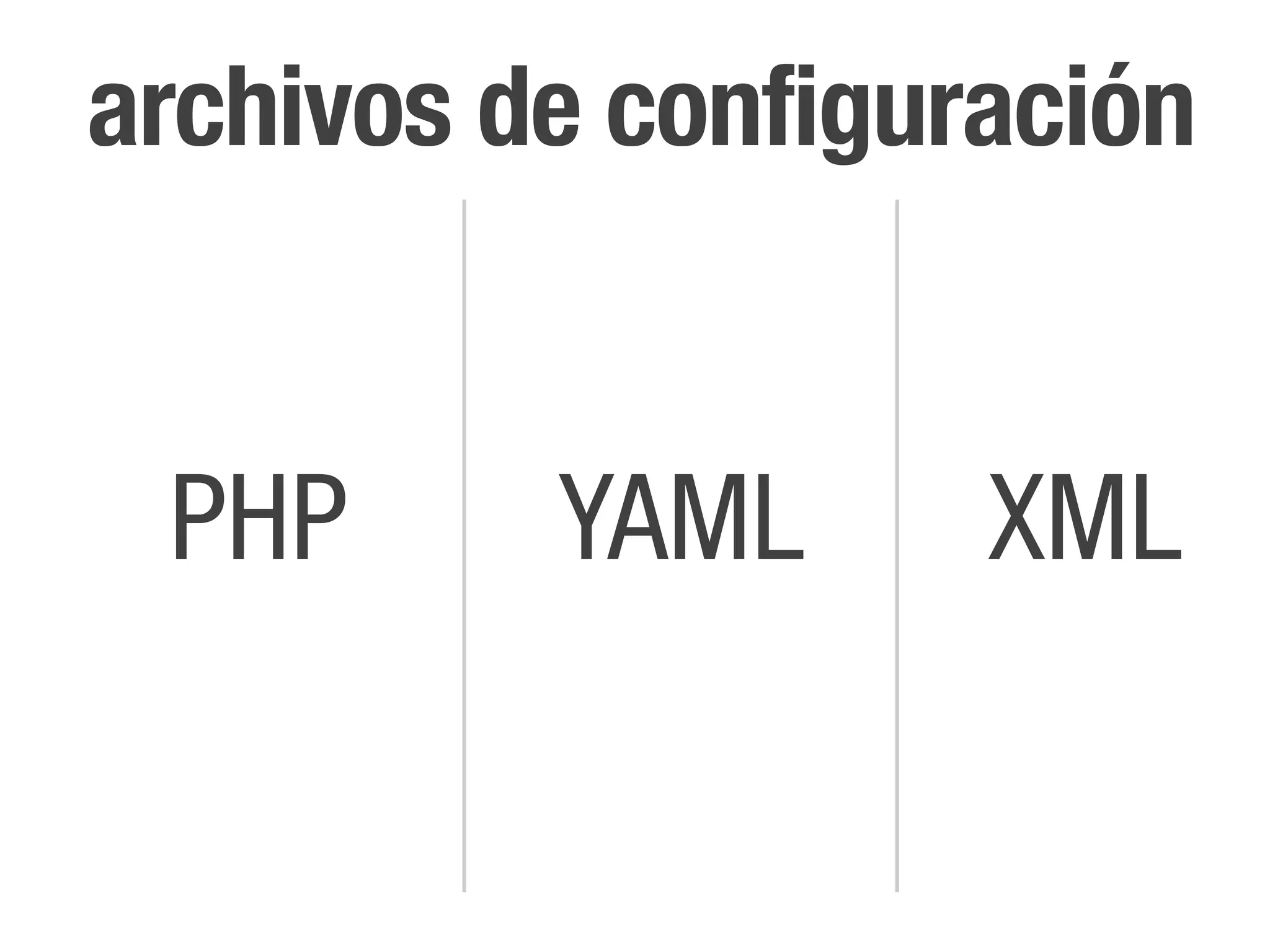 archivos de configuración


 PHP      YAML      XML
 