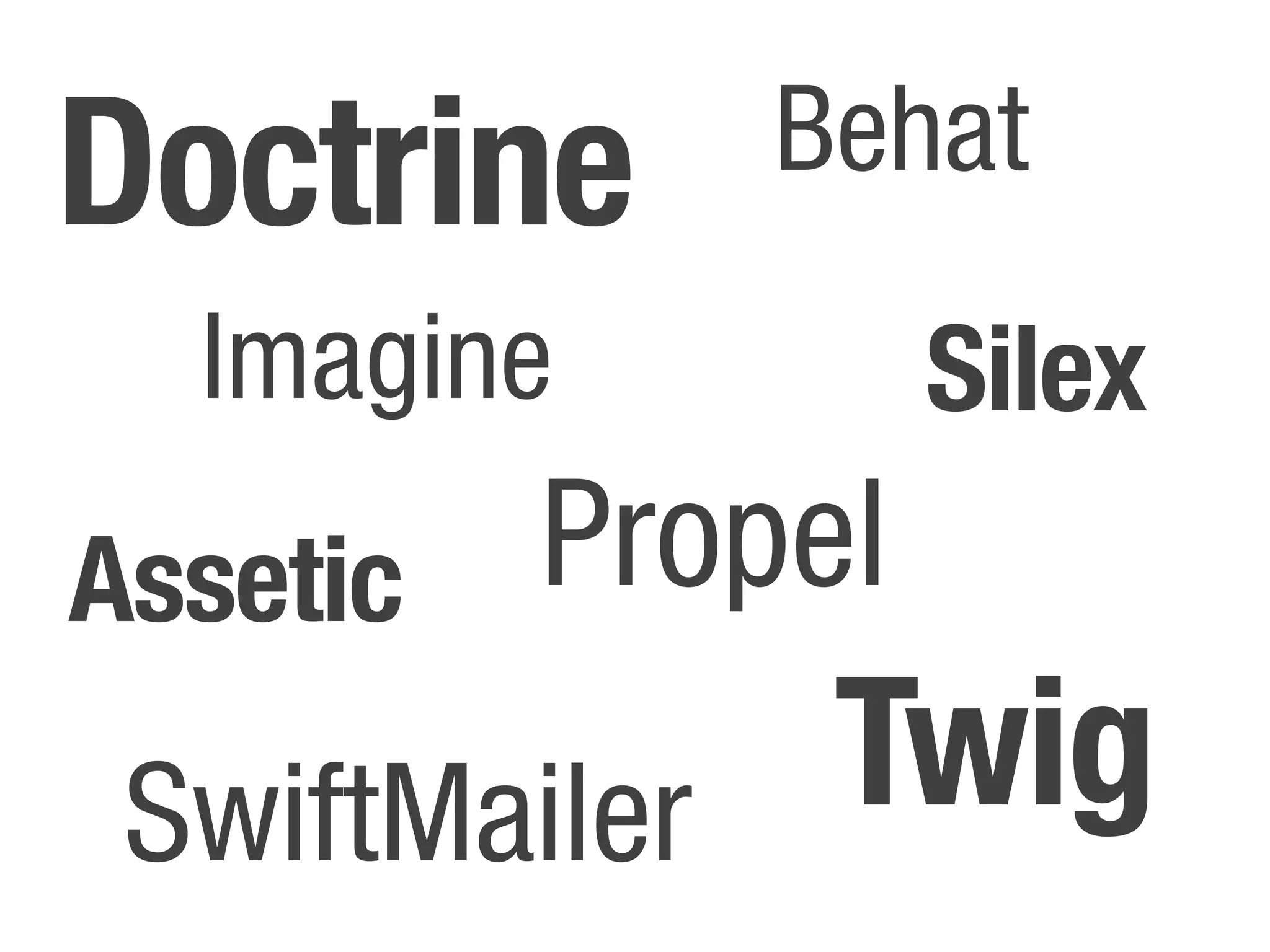 Doctrine      Behat
  Imagine        Silex
Assetic Propel
SwiftMailer    Twig
 
