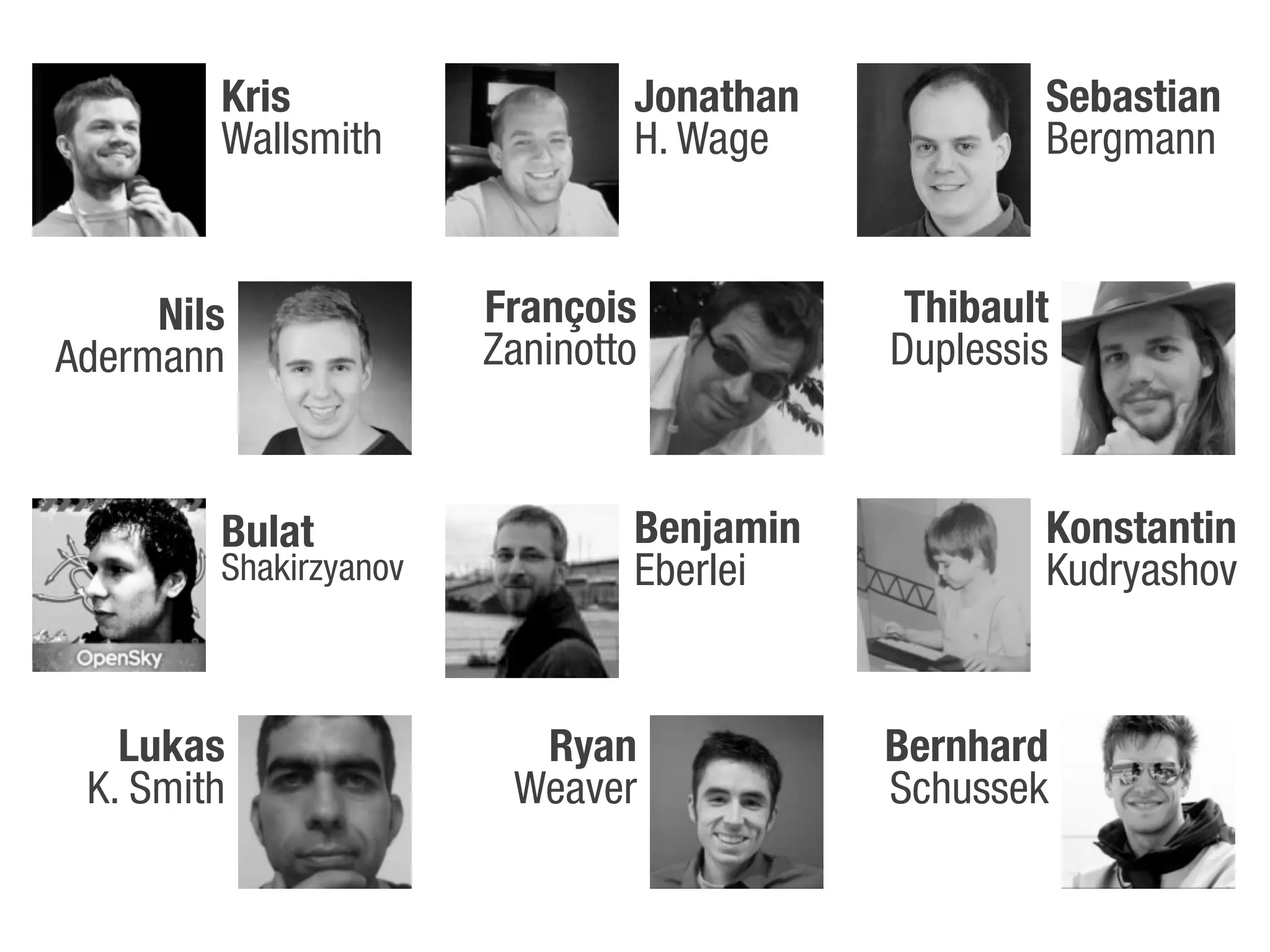 Kris                   Jonathan           Sebastian
        Wallsmith              H. Wage            Bergmann


     Nils              François            Thibault
Adermann               Zaninotto          Duplessis



        Bulat                  Benjamin           Konstantin
        Shakirzyanov           Eberlei            Kudryashov


   Lukas                 Ryan             Bernhard
 K. Smith               Weaver            Schussek
 