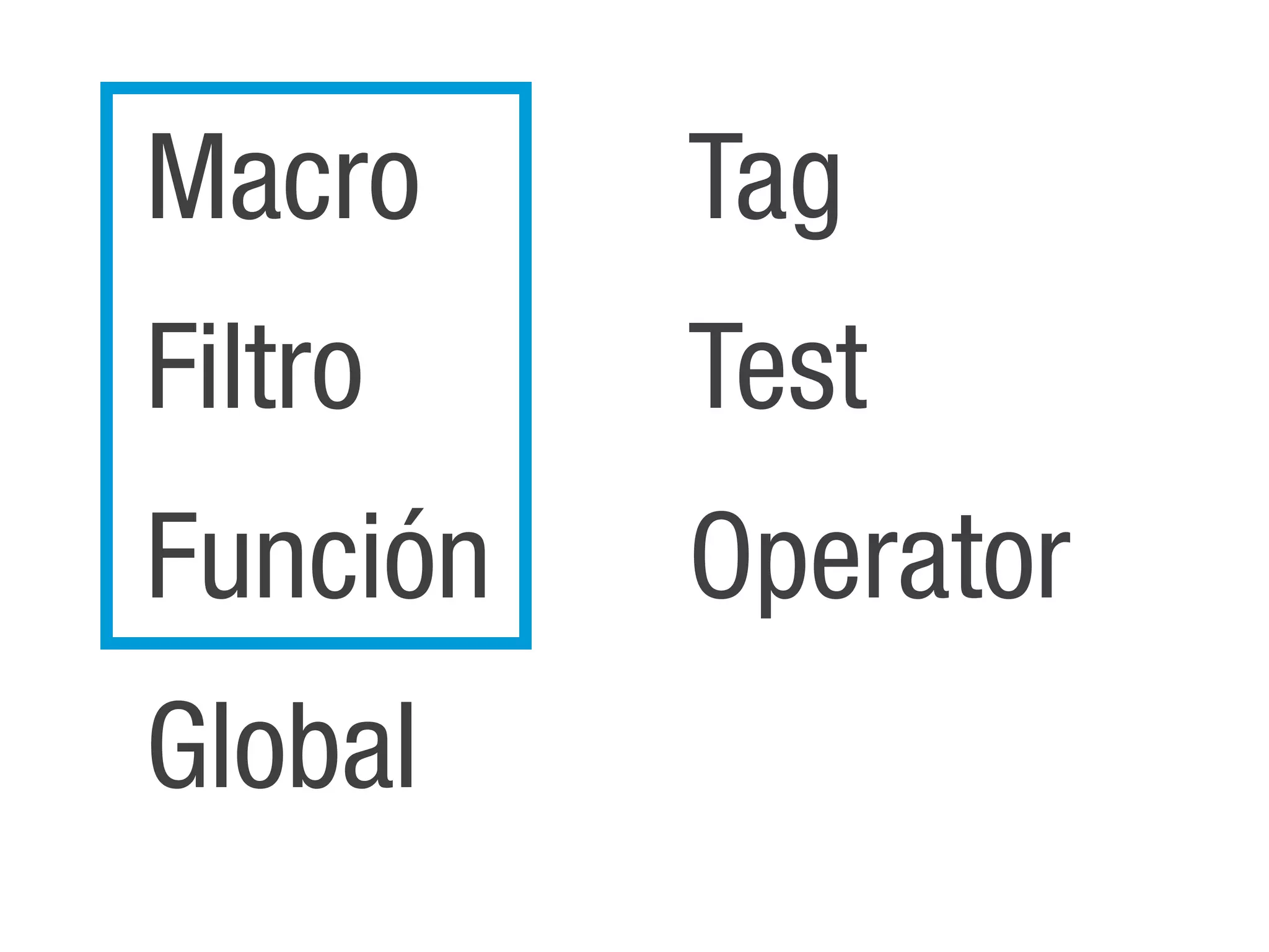 Macro     Tag
Filtro    Test
Función   Operator
Global
 