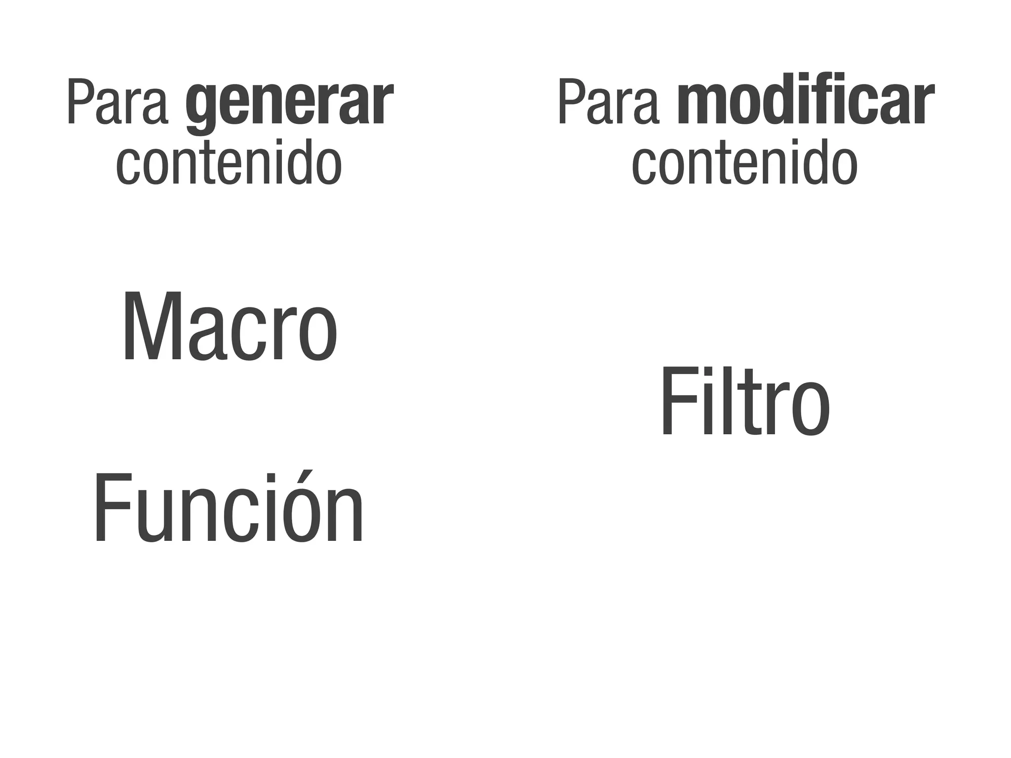 Para generar   Para modificar
  contenido       contenido

 Macro
                  Filtro
Función
 