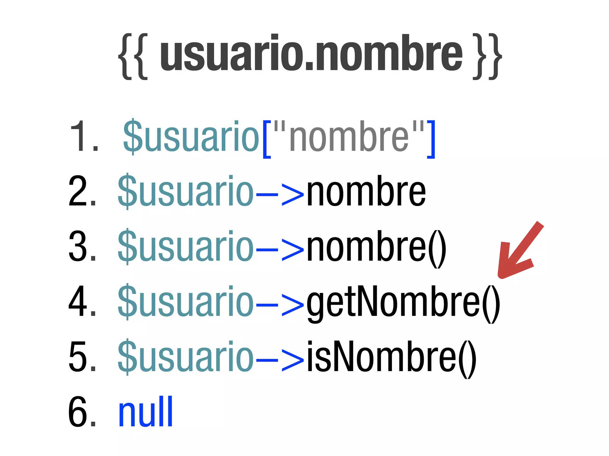 {{ usuario.nombre }}
1.   $usuario["nombre"]
2.   $usuario!>nombre
3.   $usuario!>nombre()
4.   $usuario!>getNombre()
5.   $usuario!>isNombre()
6.   null
 