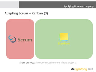 Applying it in my company
2013
Adapting Scrum + Kanban (3)
Short projects: Inexperienced team or short projects
 
