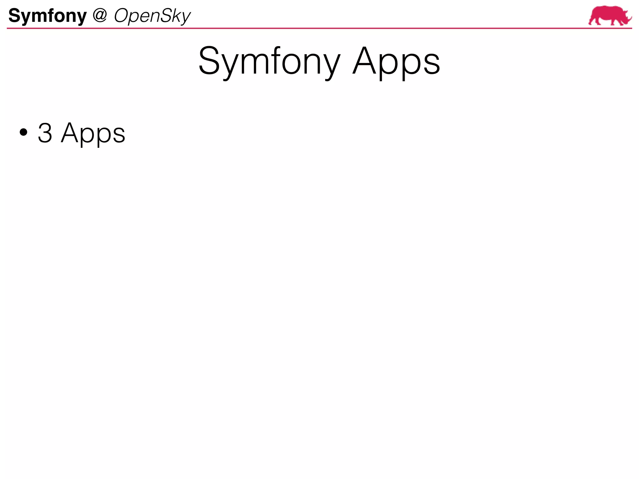 Symfony @ OpenSky
• 3 Apps
Symfony Apps