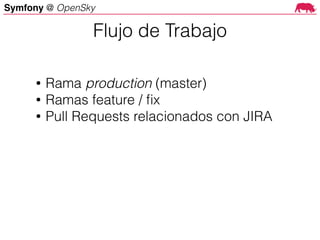 Symfony @ OpenSky
• Rama production (master)
• Ramas feature / ﬁx
• Pull Requests relacionados con JIRA
Flujo de Trabajo
 