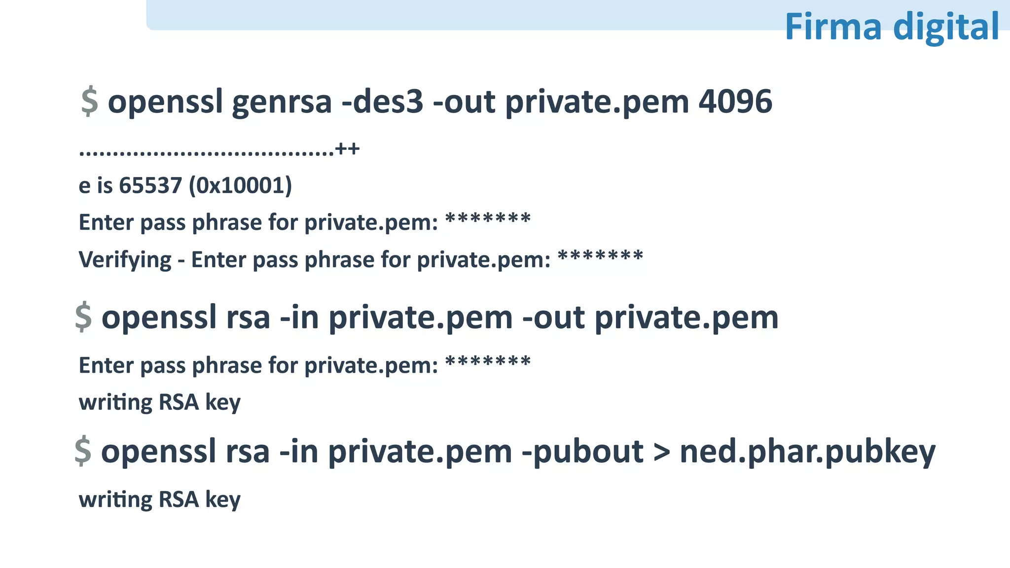 Firma	digital
$	openssl	genrsa	-des3	-out	private.pem	4096
......................................++	
e	is	65537	(0x10001) 
Enter	pass	phrase	for	private.pem:	*******	
Verifying	-	Enter	pass	phrase	for	private.pem:	*******
$	openssl	rsa	-in	private.pem	-out	private.pem
Enter	pass	phrase	for	private.pem:	*******	
wriFng	RSA	key
$	openssl	rsa	-in	private.pem	-pubout	>	ned.phar.pubkey
wriFng	RSA	key
 