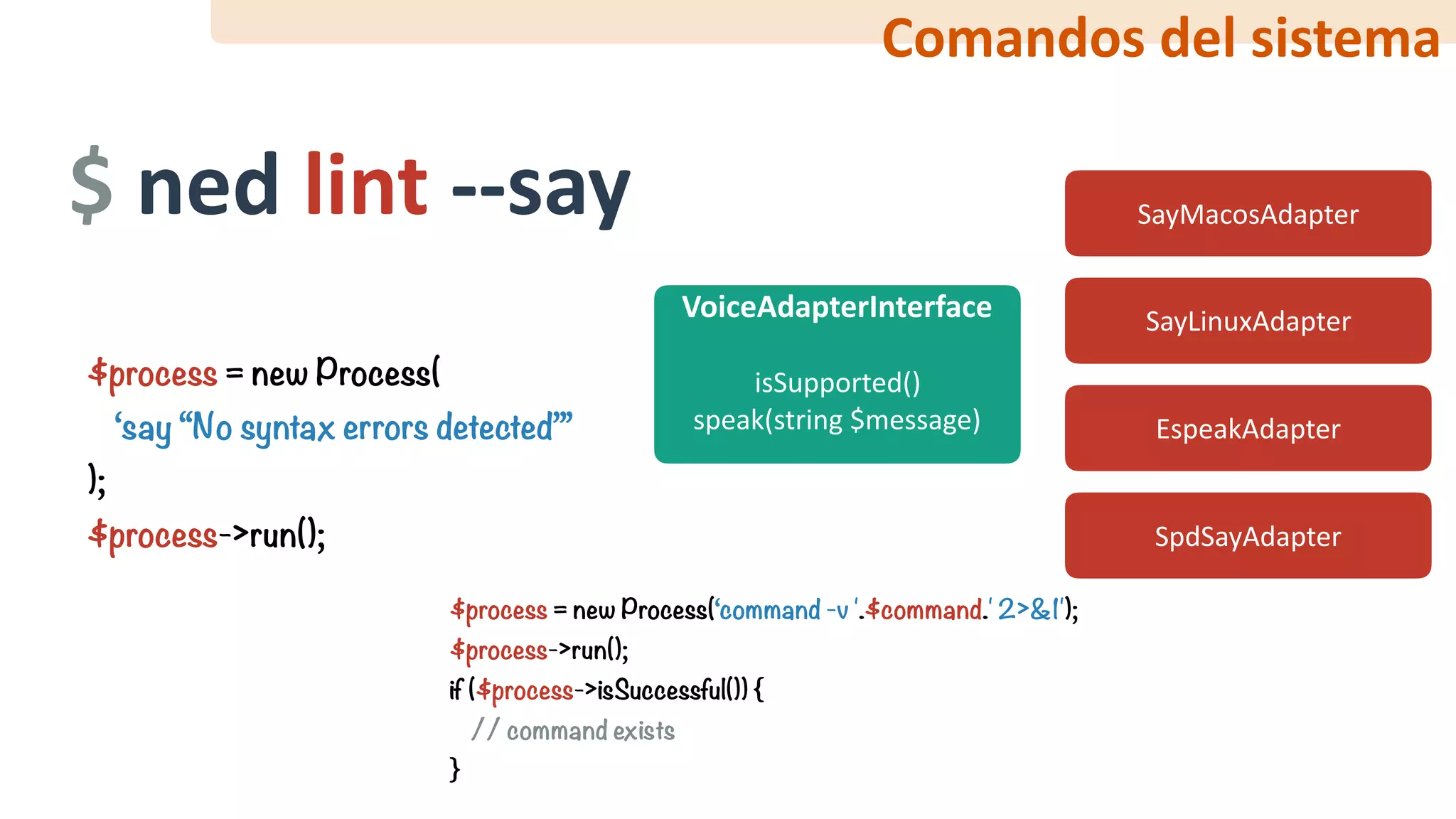 Comandos	del	sistema
$	ned	lint	--say
$process = new Process(
‘say “No syntax errors detected”’
);
$process->run();
SayMacosAdapter
VoiceAdapterInterface	
isSupported()	
speak(string	$message)
SayLinuxAdapter
EspeakAdapter
SpdSayAdapter
$process = new Process(‘command -v '.$command.' 2>&1');
$process->run();
if ($process->isSuccessful()) {
// command exists
}
 