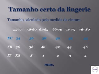 Tamanho calculado pela medida da cintura

     53-55   56-60 61-65    66-70    71- 75   76- 80

EU    34      36    38          40    42        44

FR    36      38    40          42    44        46

IT    XS      S      1          2      3        4

                         mas,
 