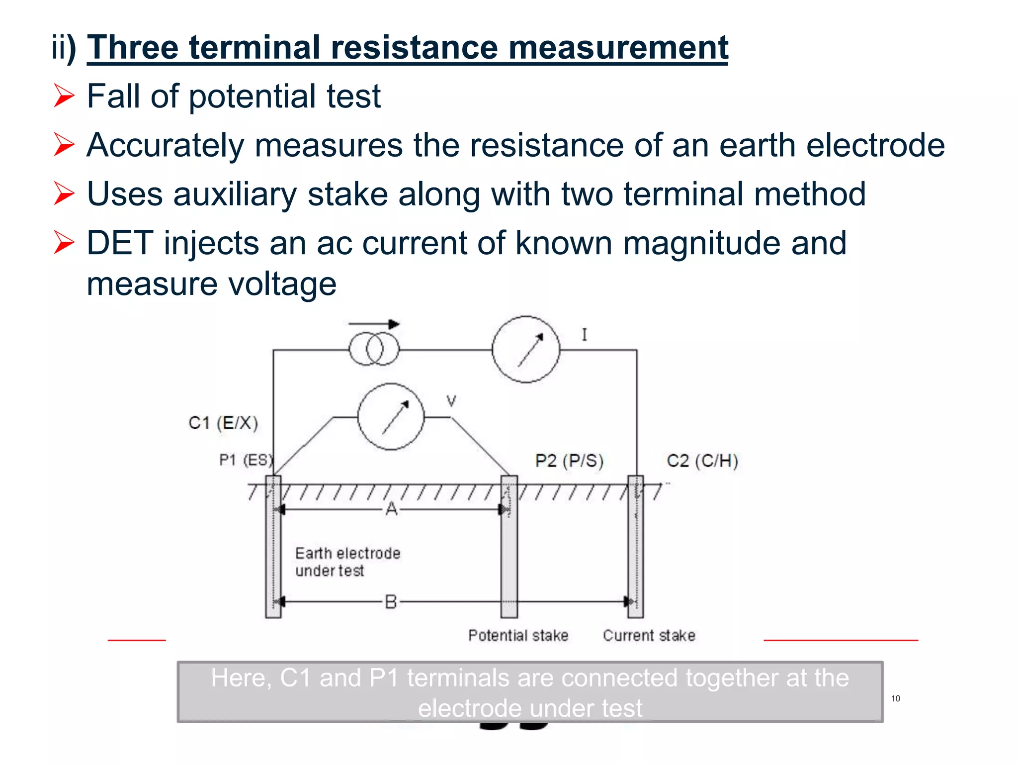 10
ii) Three terminal resistance measurement
 Fall of potential test
 Accurately measures the resistance of an earth electrode
 Uses auxiliary stake along with two terminal method
 DET injects an ac current of known magnitude and
measure voltage
Here, C1 and P1 terminals are connected together at the
electrode under test
 