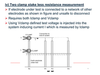 16
iv) Two clamp stake less resistance measurement
 If electrode under test is connected to a network of other
electrodes as shown in figure and unsafe to disconnect
 Requires both Iclamp and Vclamp
 Using Vclamp defined test voltage is injected into the
system inducing current I which is measured by Iclamp
 