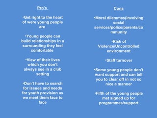 ʰ’s                        Cons

•Get right to the heart    •Moral dilemmas(Involving
of were young people                  social
         are               services/police/parents/co
                                    mmunity
  •Young people can
build relationships in a            •Risk of
 surrounding they feel       Violence/Uncontrolled
     comfortable                  environment

  •View of their lives           •Staff turnover
   which you don’t
 always see in a club      •Some young people don’t
       setting              want support and can tell
                            you to clear off in not so
•Don’t have to search            nice a manner
 for issues and needs
for youth provision as     •Fifth of the young people
 we meet them face to           met signed up for
          face                programmes/support
 