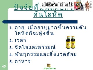 ปัจจัยที่มีผลต่อความดันโลหิต อายุ  เมื่ออายุมากขึ้นความดันโลหิตก็จะสูงขึ้น เวลา จิตใจและอารมณ์ พันธุกรรมและสิ่งแวดล้อม อาหาร บำรุงร่างกาย ยาบำรุงร่างกาย สูตร หมอเส็ง 
