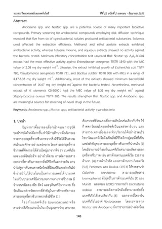 วารสารวิทยาศาสตร์และเทคโนโลยี ปีที่ 22 ฉบับที่ 2 เมษายน - มิถุนายน 2557
148
Abstract
Anabaena spp. and Nostoc spp. are a potential source of many important bioactive
compounds. Primary screening for antibacterial compounds employing disk diffusion technique
revealed that five from six of cyanobacterial isolates produced antibacterial substances. Solvents
used affected the extraction efficiency. Methanol and ethyl acetate extracts exhibited
antibacterial activity, whereas toluene, hexane, and aqueous extracts showed no activity against
the bacteria tested. Minimum inhibitory concentration test unveiled that Nostoc sp. A3A1-BG004
extract had the most effective activity against Enterobacter aerogenes TISTR 1540 with the MIC
value of 2.08 mg dry weight ml.-1
. Likewise, the extract inhibited growth of Escherichia coli TISTR
780, Pseudomonas aeruginosa TISTR 781, and Bacillus subtilis TISTR 008 with MICs in a range of
4.17-8.33 mg dry weight ml.-1
. Additionally, most of the extracts showed minimum bactericidal
concentration of 16.67 mg dry weight ml-1
against the bacteria tested. Nevertheless, methanol
extract of A. siamensis C5-BG001 had the MBC value of 8.33 mg dry weight ml-1
against
Staphylococcus aureus TISTR 885. The results strengthen that Nostoc spp. and Anabaena spp.
are meaningful sources for screening of novel drugs in the future.
Keywords: Anabeana spp.; Nostoc spp.; antibacterial activity; cyanobacteria
1. บทนา
ปัญหาการดื้อยาของเชื้อก่อโรคและการอุบัติ
ของโรคชนิดใหม่มีมากขึ้น ทําให้การศึกษาเพื่อคัดกรอง
หาสารออกฤทธิ์ทางชีวภาพจากสิ่งมีชีวิตได้รับความ
สนใจและศึกษาอย่างแพร่หลาย โดยสารออกฤทธิ์ทาง
ชีวภาพที่คัดกรองได้ส่วนใหญ่มาจากพืช รา แบคทีเรีย
และแอกติโนมัยซีท อย่างไรก็ตาม การคัดกรองสาร
ออกฤทธิ์ทางชีวภาพจากสิ่งมีชีวิตที่แตกต่างกัน อาจ
นําไปสู่การค้นพบสารชนิดใหม่ที่มีสมบัติแตกต่างกันไป
ซึ่งอาจนําไปใช้ประโยชน์ในทางการแพทย์ได้ ประเทศ
ไทยเป็นประเทศที่มีความหลากหลายทางชีวภาพ มี
จํานวนชนิดของพืช สัตว์ และจุลินทรีย์มากมาย ซึ่ง
จัดเป็นแหล่งทรัพยากรที่สําคัญในการศึกษาคัดกรอง
สารออกฤทธิ์ทางชีวภาพจากสิ่งมีชีวิต [1]
ไซยาโนแบคทีเรีย (cyanobacteria) หรือ
สาหร่ายสีเขียวแกมน้ําเงิน เป็นจุลสาหร่าย สามารถ
สังเคราะห์ด้วยแสงเพื่อการเติบโตเช่นเดียวกับพืช ใช้
ก๊าซคาร์บอนไดออกไซด์เป็นแหล่งคาร์บอน และ
สามารถเพาะเลี้ยงและเพิ่มปริมาณได้อย่างรวดเร็ว
ไซยาโนแบคทีเรียจึงเป็นสิ่งมีชีวิตอีกกลุ่มหนึ่งที่เป็น
แหล่งสําคัญของสารออกฤทธิ์ทางชีวภาพที่น่าสนใจ [2]
โดยมีรายงานว่าไซยาโนแบคทีเรียสามารถผลิตสารออก
ฤทธิ์ทางชีวภาพ เช่น สารต้านทานแบคทีเรีย [3] สาร
ต้านรา [4] สารต้านไวรัส และสารต้านการเกิดมะเร็ง
[5,6] Pedersen และ Dasilva (1973) ได้รายงานว่า
Calothrix brevissima สามารถผลิตสาร
bromophenol ที่มีฤทธิ์ในการต้านแบคทีเรีย [7] และ
Mundt และคณะ (2003) รายงานว่า Oscillatoria
redekei สามารถผลิตกรดไขมันที่สามารถยับยั้ง
แบคทีเรียได้เช่นเดียวกัน [8] นอกจากนี้ไซยาโน
แบคทีเรียในวงศ์ Nostocaceae โดยเฉพาะสกุล
Nostoc และ Anabaena มีการรายงานอย่างต่อเนื่อง
 