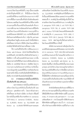 วารสารวิทยาศาสตร์และเทคโนโลยี ปีที่ 22 ฉบับที่ 2 เมษายน - มิถุนายน 2557
152
รายงานว่าไซยาโนแบคทีเรียทั้ง 2 สกุล นี้สามารถผลิต
สารยับยั้งจุลินทรีย์ได้ [17] ทั้งนี้เนื่องจากไซยาโน
แบคทีเรียที่ใช้สามารถตรึงไนโตรเจนจากอากาศได้
อาหารที่ใช้ในการเพาะเลี้ยงจึงไม่จําเป็นต้องเติมแหล่ง
ไนโตรเจน เซลล์ไซยาโนแบคทีเรียที่นํามาใช้ในการสกัด
สารออกฤทธิ์ยับยั้งแบคทีเรียเป็นเซลล์แห้ง ซึ่งจาก
รายงานที่ผ่านมาพบว่าชนิดของตัวทําละลายที่ใช้สกัด
เซลล์ไซยาโนแบคทีเรียมีผลต่อการออกฤทธิ์ต้าน
แบคทีเรียของสารที่สกัดได้ [16] งานวิจัยนี้จึงเลือกใช้
ตัวทําละลายสกัดที่แตกต่างกัน 5 ชนิด คือ เมทานอล
เอทิลอะซีเตท โทลูอีน เฮกเซน และน้ํา ดังนั้นจึงมีสาร
สกัดทั้งหมด 30 ตัวอย่าง ซึ่งได้จากไซยาโนแบคทีเรีย 6
สายพันธุ์ ที่สกัดด้วยตัวทําละลายทั้งหมด 5 ชนิด
วิธีการสกัดที่ใช้เป็นวิธีการที่ดัดแปลงจาก
Khairy และ El-Kassas (2010) โดยใช้เซลล์ไซยาโน
แบคทีเรียแห้ง 100 มิลลิกรัม สกัดด้วยตัวทําละลาย 1
มิลลิลิตร 3 ครั้ง แล้วระเหยตัวทําละลายออก จากนั้น
จึงละลายสารสกัดที่ได้ในสารละลายดีเอ็มเอสโอความ
เข้มข้น 10 เปอร์เซ็นต์ ปริมาตร 3 มิลลิลิตร โดยการ
รายงานความเข้มข้นของสารสกัดในงานวิจัยนี้จะ
รายงานในรูปปริมาณเซลล์ที่ใช้ในการสกัดต่อปริมาตร
ของสารสกัด ดังนั้น สารสกัดเริ่มต้นที่สกัดได้จึงมีความ
เข้มข้น 33.33 มิลลิกรัมเซลล์แห้งต่อมิลลิลิตร
3.1 การทดสอบการยับยั้งแบคทีเรียใน
เบื้องต้นด้วยวิธี disk diffusion
ผลการทดสอบการยับยั้งแบคทีเรียของสาร
สกัดจากไซยาโนแบคทีเรียในเบื้องต้นด้วยวิธี disk
diffusion แสดงดังตารางที่ 1 โดยจากตัวอย่างสาร
สกัดทั้งหมด 30 ตัวอย่าง มีเพียง 10 ตัวอย่าง ที่มีฤทธิ์
ในการยับยั้งแบคทีเรีย คือ สารสกัดจาก A. siamensis
TISTR 8012, A. siamensis C5-BG001, Nostoc
sp. A2-BG003, Nostoc sp. A3A1-BG004 และ
Nostoc sp. A1-BG005 ที่สกัดด้วยเมทานอลและ
เอทิลอะซีเตท โดยมีเพียงไซยาโนแบคทีเรีย Nostoc
sp. C8A2-BG002 สายพันธุ์เดียวเท่านั้นที่ไม่สามารถ
ยับยั้งแบคทีเรียทดสอบได้เลย และพบว่าจากแบคทีเรีย
ทดสอบทั้ง 9 สายพันธุ์ มีแบคทีเรียที่ถูกยับยั้งได้ โดย
สารสกัดจากไซยาโนแบคทีเรียจํานวน 5 สายพันธุ์ คือ
E. aerogenes TISTR 1540, E. coli TISTR 780, P.
aeruginosa TISTR 781, B. subtilis TISTR 008
และ S. aureus TISTR 885 โดยแบคทีเรียทดสอบอีก
4 สายพันธุ์ คือ K. pneumonia TISTR 1383, P.
mirabilis TISTR 100 E. faecalis TISTR 888, M.
luteus TISTR 884 ไม่ถูกยับยั้งด้วยสารสกัดจาก
ไซยาโนแบคทีเรียที่ใช้ในการวิจัยนี้
เมื่อพิจารณาผลของสายพันธุ์ของไซยาโน
แบคทีเรียต่อกลุ่มของแบคทีเรียทดสอบ พบว่าสารสกัด
จาก A. siamensis TISTR 8012 มีความจําเพาะต่อ
แบคทีเรียแกรมลบเท่านั้น ในขณะที่สารสกัดจาก A.
siamensis C5-BG001, Nostoc sp. A2-BG003,
Nostoc sp. A3A1-BG004 และ Nostoc sp. A1-
BG005 มีฤทธิ์ในการยับยั้งแบคทีเรียทั้งแกรมบวกและ
แกรมลบ อย่างไรก็ตาม โดยภาพรวมแล้วสารสกัดจาก
ไซยาโนแบคทีเรียที่ศึกษาในการวิจัยนี้มีความจําเพาะ
ต่อแบคทีเรียแกรมลบมากกว่าแบคทีเรียแกรมบวก
ทั้งนี้เพื่อให้ทราบถึงชนิดของสารออกฤทธิ์และกลไกใน
การออกฤทธิ์จําเป็นที่จะต้องอาศัยการแยกให้ได้สารที่
เป็นองค์ประกอบจากสารสกัดหยาบและนําสารที่ได้มา
ทดสอบต่อไป
สําหรับอิทธิพลของตัวทําละลายที่ใช้ในการ
สกัด พบว่าสารออกฤทธิ์ยับยั้งแบคทีเรียสามารถสกัด
ได้ดีเมื่อใช้ตัวทําละลายที่มีค่าดัชนีความมีขั้ว (polarity
index, P) ปานกลาง เช่น เมทานอล (P = 5.1) และ
เอทิลอะซีเตท (P = 4.4) ในขณะที่การใช้ตัวทําละลาย
ที่มีค่าดัชนีความมีขั้วสูงมาก เช่น น้ํา (P = 10.2) และ/
หรือ ตัวทําละลายที่มีค่าดัชนีความมีขั้วต่ํามาก เช่น
 