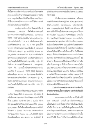 วารสารวิทยาศาสตร์และเทคโนโลยี ปีที่ 22 ฉบับที่ 2 เมษายน - มิถุนายน 2557
154
ทั้งนี้เมทานอลเป็นตัวทําละลายที่นิยมใช้ในการสกัด
สารออกฤทธิ์ทางชีวภาพโดยเฉพาะอย่างยิ่งการสกัด
สารจากสมุนไพร ซึ่งสารที่สกัดโดยใช้เมทานอลเป็นสาร
ที่มีขั้วปานกลางจึงสามารถละลายน้ําได้ดีกว่าสารที่
สกัดได้โดยตัวทําละลายที่มีขั้วต่ํา
พบว่าสารสกัดจากไซยาโนแบคทีเรีย A.
siamensis C5-BG001 ที่สกัดด้วยเมทานอลมี
ประสิทธิภาพในการยับยั้งแบคทีเรีย E. aerogenes
TISTR 1540 ได้ดีที่สุดโดยให้เส้นผ่านศูนย์กลางของ
บริเวณยับยั้งเท่ากับ 13.3 ± 0.5 มิลลิเมตร สําหรับ
แบคทีเรียทดสอบ E. coli TISTR 780 ถูกยับยั้งได้
โดยสารสกัดจากไซยาโนแบคทีเรีย A. siamensis
TISTR 8012, Nostoc sp. A2-BG003, Nostoc sp.
A3A1-BG004 และ Nostoc sp. A1-BG005 ที่สกัดด้วย
เมทานอลและเอทิลอะซีเตท โดยเส้นผ่านศูนย์กลาง
ของบริเวณยับยั้งมีค่าในช่วง 9.5 ± 0.5 ถึง 10.8 ± 0.3
มิลลิเมตร ส่วนแบคทีเรียทดสอบ P. aeruginosa
TISTR 781 ถูกยับยั้งได้โดยสารสกัดจากไซยาโน
แบคทีเรีย A. siamensis TISTR 8012 ที่สกัดด้วย
เอทิลอะซีเตท Nostoc sp. A3A1-BG004 ที่สกัดด้วย
เมทานอลและเอทิลอะซีเตท และ Nostoc sp. A1-
BG005 ที่สกัดด้วยเมทานอล โดยเส้นผ่านศูนย์กลาง
ของบริเวณยับยั้งมีค่าในช่วง 8.0 ± 0.0 ถึง 10.1 ± 0.3
มิลลิเมตร
กรณีแบคทีเรียทดสอบแกรมบวก สารสกัด
จากไซยาโนแบคทีเรีย A. siamensis C5-BG001 ที่
สกัดด้วยเมทานอลและเอทิลอะซีเตทสามารถยับยั้งได้
ทั้ง B. subtilis TISTR 008 และ S. aureus TISTR
885 ในขณะที่สารสกัดจากไซยาโนแบคทีเรีย Nostoc
sp. A2-BG003 ที่สกัดด้วยเอทิลอะซีเตทสามารถยับยั้ง
ได้เฉพาะ S. aureus TISTR 885 และสารสกัดจาก
ไซยาโนแบคทีเรีย Nostoc sp. A3A1-BG004 ที่สกัด
ด้วยเอทิลอะซีเตท และ Nostoc sp. A1-BG005 ที่
สกัดด้วยเอทานอลสามารถยับยั้งได้เฉพาะ B. subtilis
TISTR 008
เมื่อพิจารณาผลการทดสอบความไวของ
แบคทีเรียทดสอบต่อสารปฏิชีวนะ (ตัวควบคุมเชิงบวก)
ได้แก่ ampicillin, ciprofloxacin, sulfanilamide
และ chloramphenicol ด้วยวิธี disk diffusion ได้
ผลการวิจัยที่มีค่าอยู่ในช่วงของค่ามาตรฐานตามวิธีการ
ทดสอบของ NCCLS (ไม่ได้แสดงข้อมูล) และเมื่อ
พิจารณาถึงผลการทดสอบความไวของแบคทีเรีย
ทดสอบต่อตัวควบคุมเชิงลบ ได้แก่ น้ํากลั่น สารละลาย
ดีเอ็มเอสโอความเข้มข้น 10 เปอร์เซ็นต์ และสารสกัด
ไซยาโนแบคทีเรียที่สกัดด้วยน้ํา พบว่าตัวควบคุมเชิงลบ
ทั้งหมดไม่มีสมบัติในการยับยั้งแบคทีเรีย (ไม่ได้แสดง
ข้อมูล) ซึ่งเมื่อเปรียบเทียบผลของสารสกัดกับสาร
ปฏิชีวนะ พบว่าสารสกัดจากไซยาโนแบคทีเรียทั้ง 30
ตัวอย่าง มีการออกฤทธิ์ยับยั้งแบคทีเรียต่ํากว่าเมื่อ
เทียบกับยามาตรฐาน ทั้งนี้อาจเนื่องมาจากหลายปัจจัย
เช่น ไซยาโนแบคทีเรียที่ใช้สามารถผลิตสารออกฤทธิ์
ยับยั้งแบคทีเรียได้น้อย และ/หรือ ตัวทําละลายที่ใช้ใน
การสกัดยังไม่เหมาะสมต่อการสกัดสารออกฤทธิ์ที่
ยับยั้งแบคทีเรียจากไซยาโนแบคทีเรีย นอกจากนี้อาจ
เนื่องมาจากสารสกัดที่ได้มีความเข้มข้นต่ําจึงออกฤทธิ์
ยับยั้งแบคทีเรียได้น้อยตามไปด้วย
3.2 ผลการทดสอบการหาค่าความเข้มข้น
ต่าสุดที่สามารถยับยั้งการเจริญของแบคทีเรียด้วยวิธี
broth dilution
ผลการทดสอบการยับยั้งแบคทีเรียด้วยวิธี
disk diffusion (ตอนที่ 3.1) เป็นการทดสอบใน
เบื้องต้นว่าสารสกัดที่ได้มีฤทธิ์ในการยับยั้งแบคทีเรีย
หรือไม่ ซึ่งการหาความเข้มข้นต่ําสุดที่สามารถยับยั้ง
การเจริญของแบคทีเรีย (MIC) จะสามารถรายงานผล
เป็นค่าความเข้มข้นของสารสกัดที่ออกฤทธิ์ยับยั้ง
แบคทีเรียได้ ซึ่งการวิจัยในขั้นตอนนี้ได้เลือกศึกษา
 