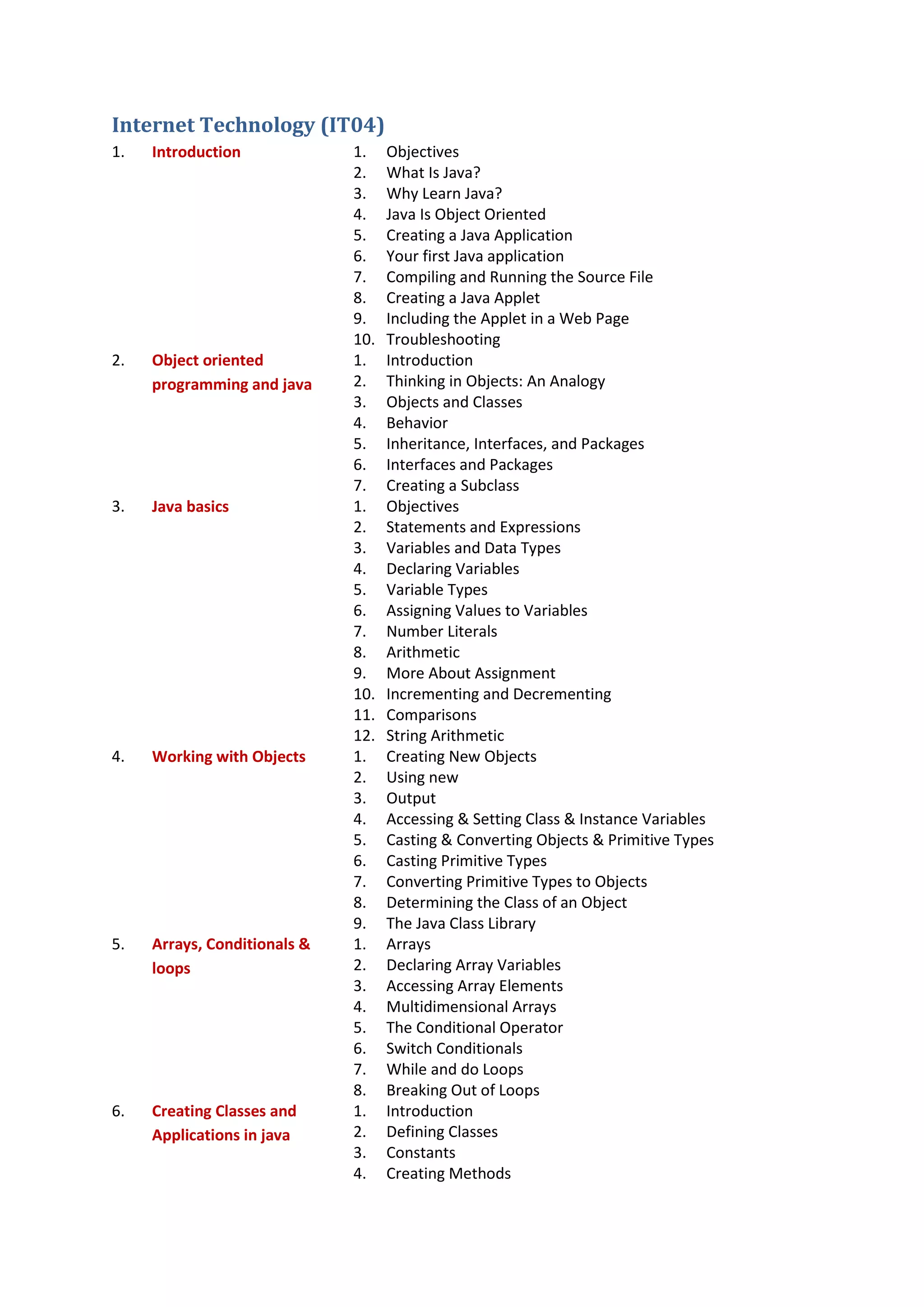 Internet Technology (IT04)
1. Introduction 1. Objectives
2. What Is Java?
3. Why Learn Java?
4. Java Is Object Oriented
5. Creating a Java Application
6. Your first Java application
7. Compiling and Running the Source File
8. Creating a Java Applet
9. Including the Applet in a Web Page
10. Troubleshooting
2. Object oriented
programming and java
1. Introduction
2. Thinking in Objects: An Analogy
3. Objects and Classes
4. Behavior
5. Inheritance, Interfaces, and Packages
6. Interfaces and Packages
7. Creating a Subclass
3. Java basics 1. Objectives
2. Statements and Expressions
3. Variables and Data Types
4. Declaring Variables
5. Variable Types
6. Assigning Values to Variables
7. Number Literals
8. Arithmetic
9. More About Assignment
10. Incrementing and Decrementing
11. Comparisons
12. String Arithmetic
4. Working with Objects 1. Creating New Objects
2. Using new
3. Output
4. Accessing & Setting Class & Instance Variables
5. Casting & Converting Objects & Primitive Types
6. Casting Primitive Types
7. Converting Primitive Types to Objects
8. Determining the Class of an Object
9. The Java Class Library
5. Arrays, Conditionals &
loops
1. Arrays
2. Declaring Array Variables
3. Accessing Array Elements
4. Multidimensional Arrays
5. The Conditional Operator
6. Switch Conditionals
7. While and do Loops
8. Breaking Out of Loops
6. Creating Classes and
Applications in java
1. Introduction
2. Defining Classes
3. Constants
4. Creating Methods
 