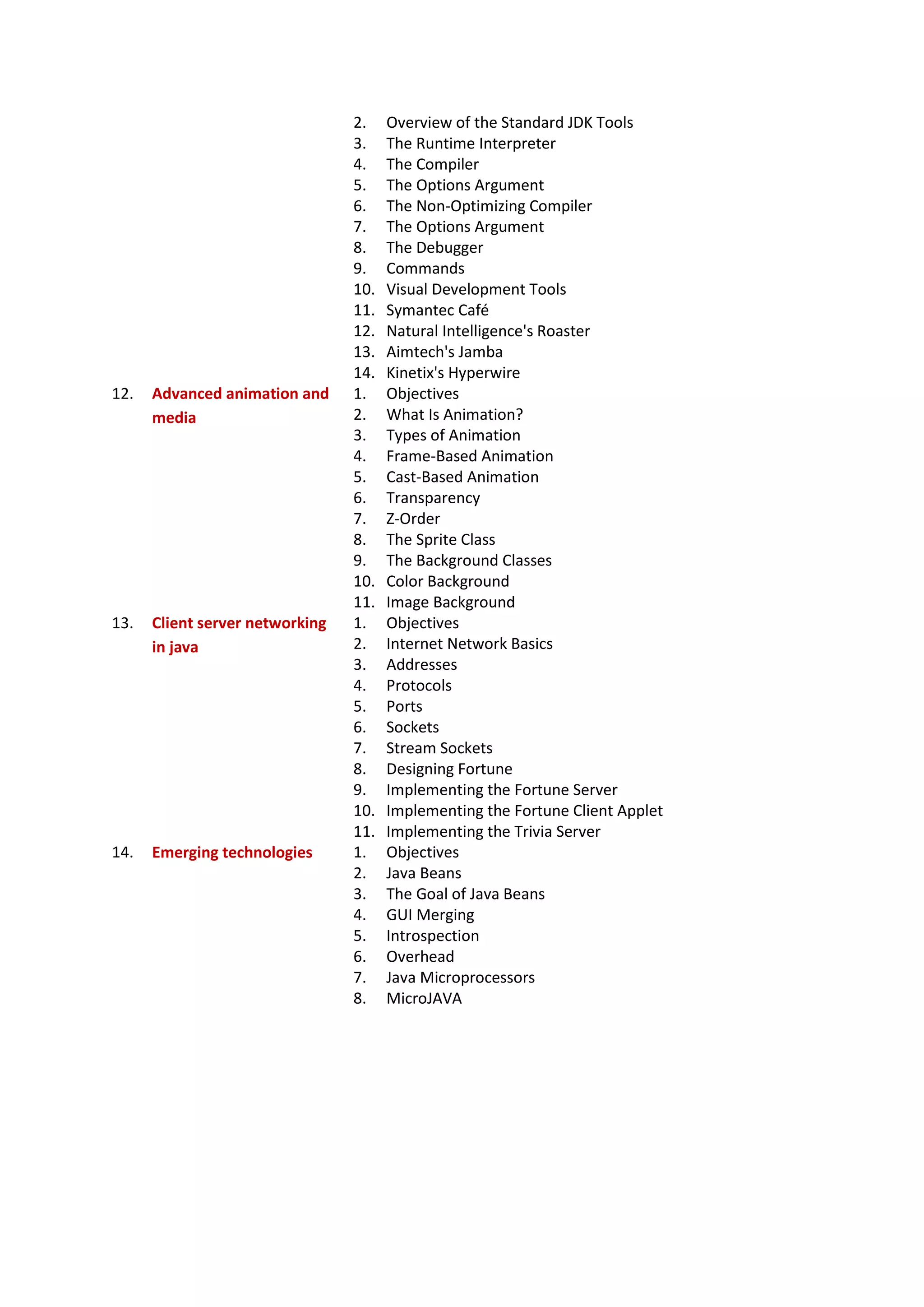 2. Overview of the Standard JDK Tools
3. The Runtime Interpreter
4. The Compiler
5. The Options Argument
6. The Non-Optimizing Compiler
7. The Options Argument
8. The Debugger
9. Commands
10. Visual Development Tools
11. Symantec Café
12. Natural Intelligence's Roaster
13. Aimtech's Jamba
14. Kinetix's Hyperwire
12. Advanced animation and
media
1. Objectives
2. What Is Animation?
3. Types of Animation
4. Frame-Based Animation
5. Cast-Based Animation
6. Transparency
7. Z-Order
8. The Sprite Class
9. The Background Classes
10. Color Background
11. Image Background
13. Client server networking
in java
1. Objectives
2. Internet Network Basics
3. Addresses
4. Protocols
5. Ports
6. Sockets
7. Stream Sockets
8. Designing Fortune
9. Implementing the Fortune Server
10. Implementing the Fortune Client Applet
11. Implementing the Trivia Server
14. Emerging technologies 1. Objectives
2. Java Beans
3. The Goal of Java Beans
4. GUI Merging
5. Introspection
6. Overhead
7. Java Microprocessors
8. MicroJAVA
 