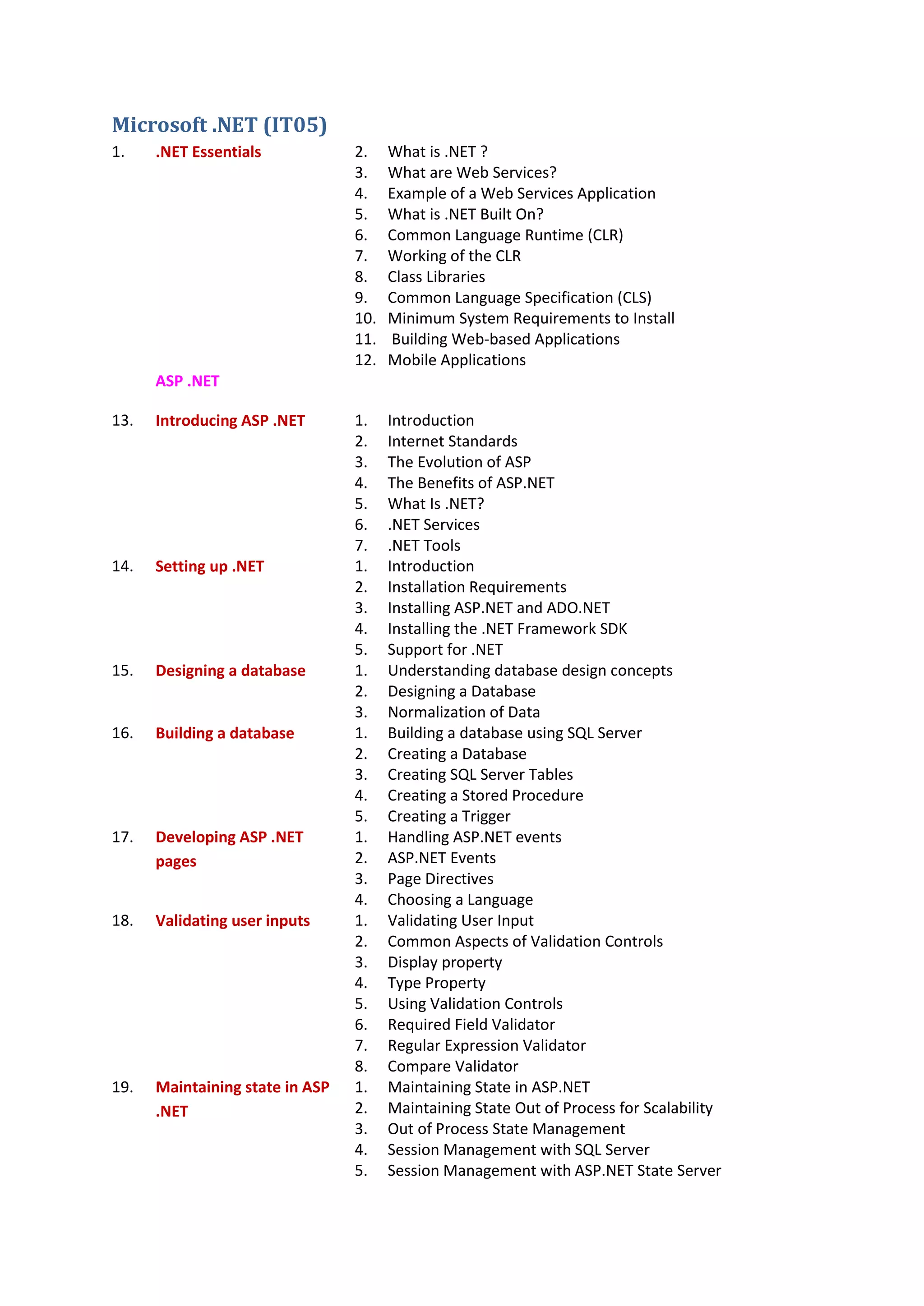Microsoft .NET (IT05)
1. .NET Essentials 2. What is .NET ?
3. What are Web Services?
4. Example of a Web Services Application
5. What is .NET Built On?
6. Common Language Runtime (CLR)
7. Working of the CLR
8. Class Libraries
9. Common Language Specification (CLS)
10. Minimum System Requirements to Install
11. Building Web-based Applications
12. Mobile Applications
ASP .NET
13. Introducing ASP .NET 1. Introduction
2. Internet Standards
3. The Evolution of ASP
4. The Benefits of ASP.NET
5. What Is .NET?
6. .NET Services
7. .NET Tools
14. Setting up .NET 1. Introduction
2. Installation Requirements
3. Installing ASP.NET and ADO.NET
4. Installing the .NET Framework SDK
5. Support for .NET
15. Designing a database 1. Understanding database design concepts
2. Designing a Database
3. Normalization of Data
16. Building a database 1. Building a database using SQL Server
2. Creating a Database
3. Creating SQL Server Tables
4. Creating a Stored Procedure
5. Creating a Trigger
17. Developing ASP .NET
pages
1. Handling ASP.NET events
2. ASP.NET Events
3. Page Directives
4. Choosing a Language
18. Validating user inputs 1. Validating User Input
2. Common Aspects of Validation Controls
3. Display property
4. Type Property
5. Using Validation Controls
6. Required Field Validator
7. Regular Expression Validator
8. Compare Validator
19. Maintaining state in ASP
.NET
1. Maintaining State in ASP.NET
2. Maintaining State Out of Process for Scalability
3. Out of Process State Management
4. Session Management with SQL Server
5. Session Management with ASP.NET State Server
 