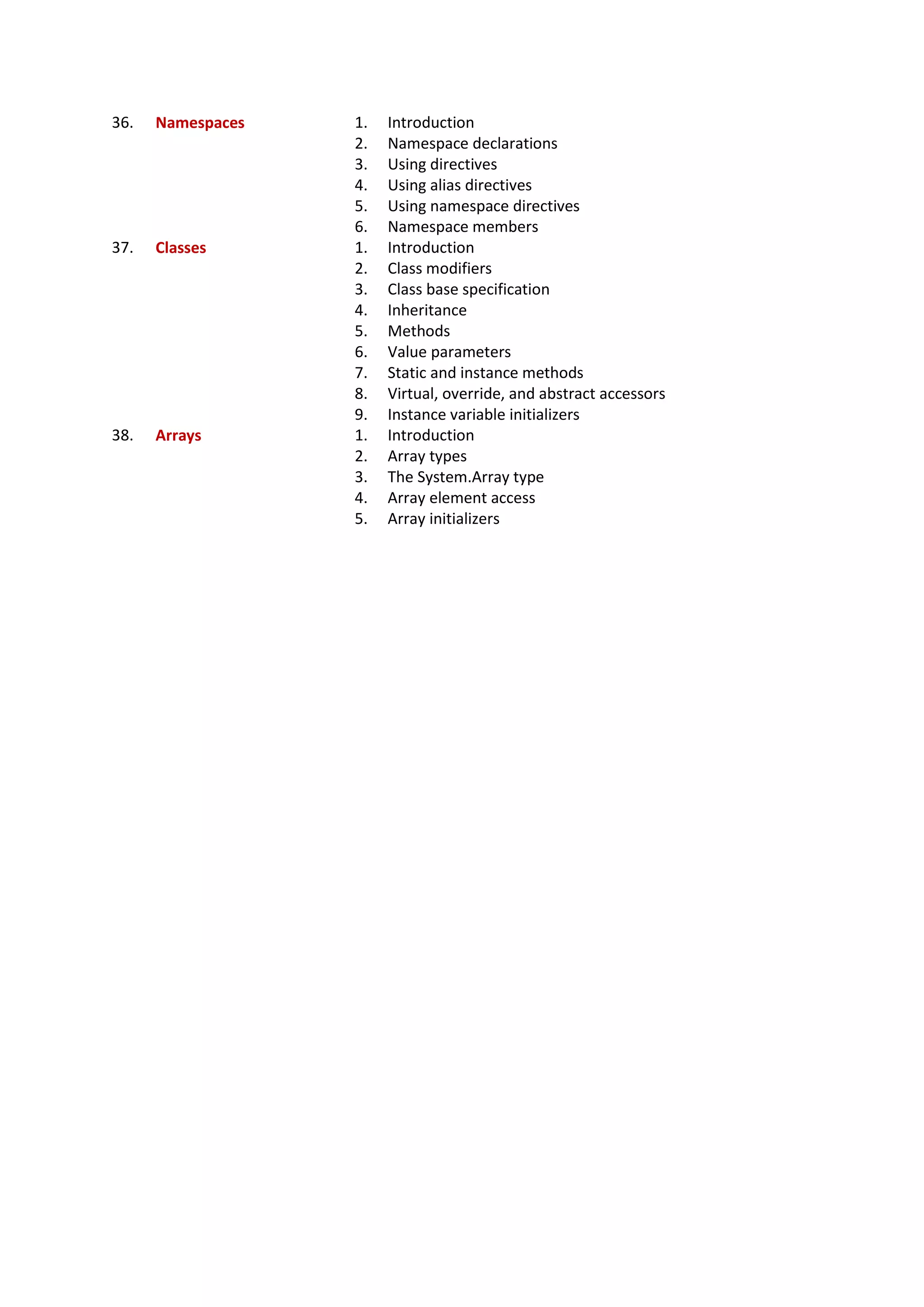 36. Namespaces 1. Introduction
2. Namespace declarations
3. Using directives
4. Using alias directives
5. Using namespace directives
6. Namespace members
37. Classes 1. Introduction
2. Class modifiers
3. Class base specification
4. Inheritance
5. Methods
6. Value parameters
7. Static and instance methods
8. Virtual, override, and abstract accessors
9. Instance variable initializers
38. Arrays 1. Introduction
2. Array types
3. The System.Array type
4. Array element access
5. Array initializers
 