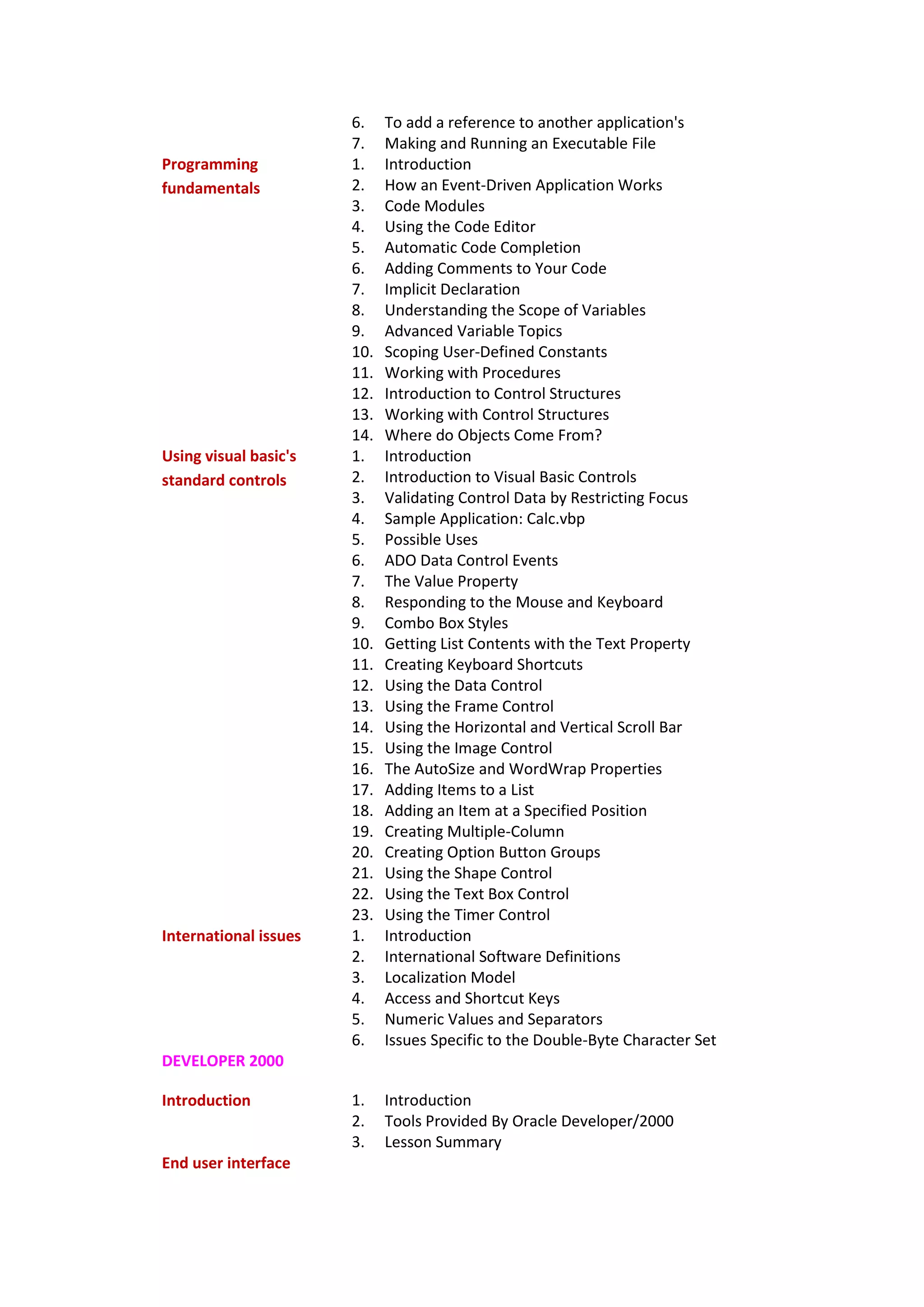 6. To add a reference to another application's
7. Making and Running an Executable File
Programming
fundamentals
1. Introduction
2. How an Event-Driven Application Works
3. Code Modules
4. Using the Code Editor
5. Automatic Code Completion
6. Adding Comments to Your Code
7. Implicit Declaration
8. Understanding the Scope of Variables
9. Advanced Variable Topics
10. Scoping User-Defined Constants
11. Working with Procedures
12. Introduction to Control Structures
13. Working with Control Structures
14. Where do Objects Come From?
Using visual basic's
standard controls
1. Introduction
2. Introduction to Visual Basic Controls
3. Validating Control Data by Restricting Focus
4. Sample Application: Calc.vbp
5. Possible Uses
6. ADO Data Control Events
7. The Value Property
8. Responding to the Mouse and Keyboard
9. Combo Box Styles
10. Getting List Contents with the Text Property
11. Creating Keyboard Shortcuts
12. Using the Data Control
13. Using the Frame Control
14. Using the Horizontal and Vertical Scroll Bar
15. Using the Image Control
16. The AutoSize and WordWrap Properties
17. Adding Items to a List
18. Adding an Item at a Specified Position
19. Creating Multiple-Column
20. Creating Option Button Groups
21. Using the Shape Control
22. Using the Text Box Control
23. Using the Timer Control
International issues 1. Introduction
2. International Software Definitions
3. Localization Model
4. Access and Shortcut Keys
5. Numeric Values and Separators
6. Issues Specific to the Double-Byte Character Set
DEVELOPER 2000
Introduction 1. Introduction
2. Tools Provided By Oracle Developer/2000
3. Lesson Summary
End user interface
 