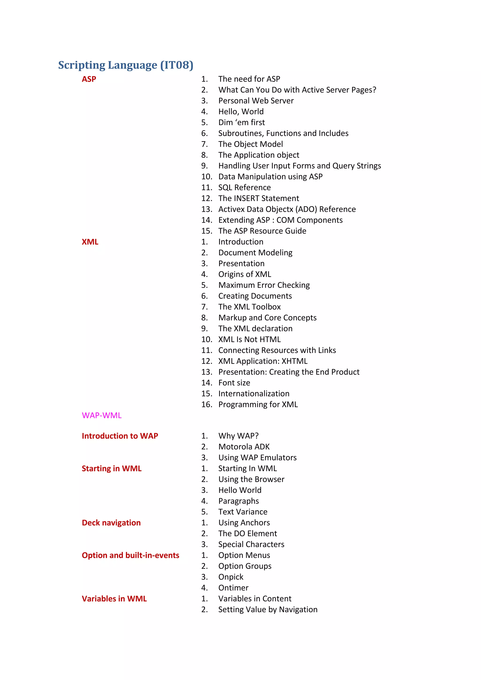 Scripting Language (IT08)
ASP 1. The need for ASP
2. What Can You Do with Active Server Pages?
3. Personal Web Server
4. Hello, World
5. Dim ‘em first
6. Subroutines, Functions and Includes
7. The Object Model
8. The Application object
9. Handling User Input Forms and Query Strings
10. Data Manipulation using ASP
11. SQL Reference
12. The INSERT Statement
13. Activex Data Objectx (ADO) Reference
14. Extending ASP : COM Components
15. The ASP Resource Guide
XML 1. Introduction
2. Document Modeling
3. Presentation
4. Origins of XML
5. Maximum Error Checking
6. Creating Documents
7. The XML Toolbox
8. Markup and Core Concepts
9. The XML declaration
10. XML Is Not HTML
11. Connecting Resources with Links
12. XML Application: XHTML
13. Presentation: Creating the End Product
14. Font size
15. Internationalization
16. Programming for XML
WAP-WML
Introduction to WAP 1. Why WAP?
2. Motorola ADK
3. Using WAP Emulators
Starting in WML 1. Starting In WML
2. Using the Browser
3. Hello World
4. Paragraphs
5. Text Variance
Deck navigation 1. Using Anchors
2. The DO Element
3. Special Characters
Option and built-in-events 1. Option Menus
2. Option Groups
3. Onpick
4. Ontimer
Variables in WML 1. Variables in Content
2. Setting Value by Navigation
 