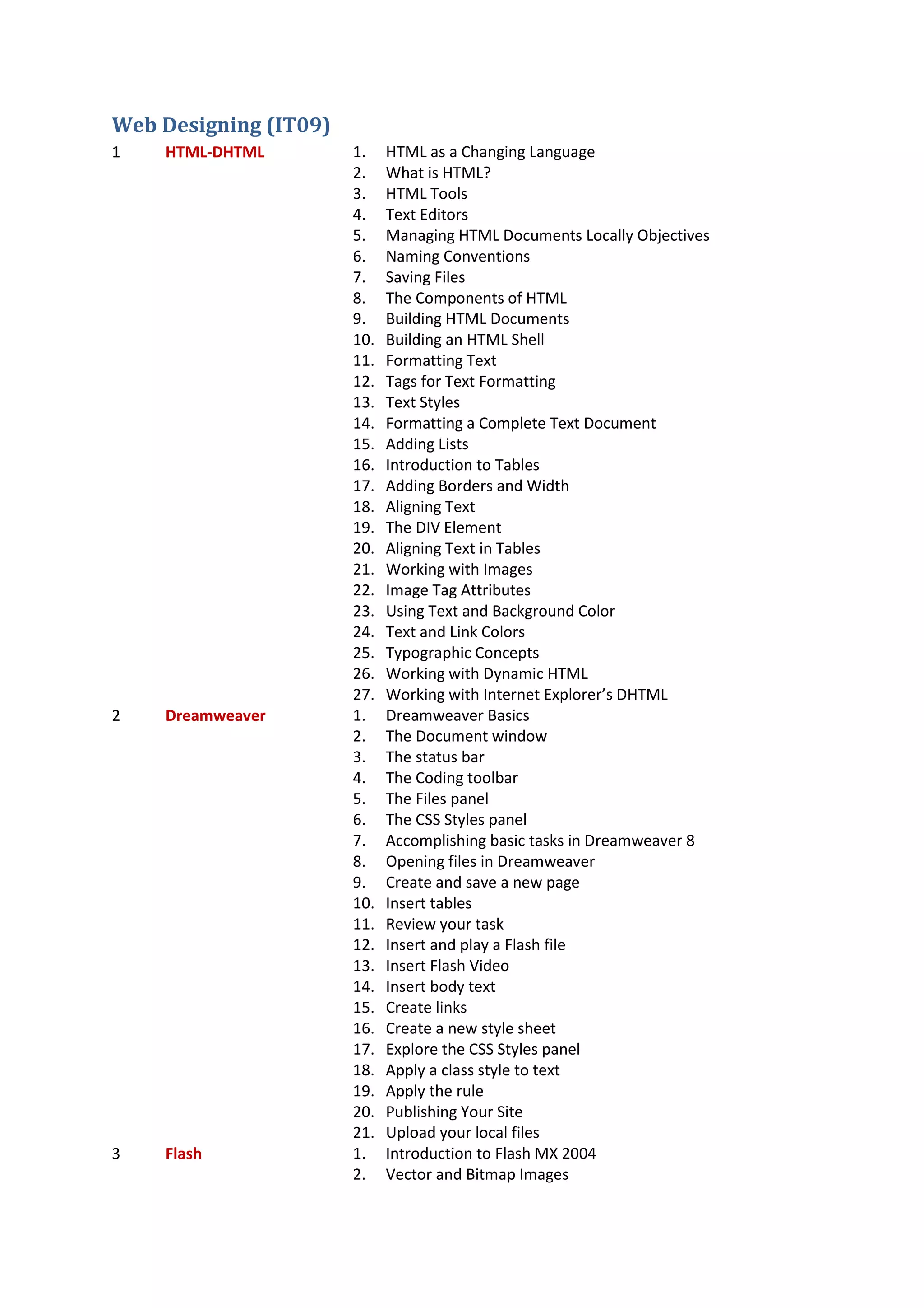 Web Designing (IT09)
1 HTML-DHTML 1. HTML as a Changing Language
2. What is HTML?
3. HTML Tools
4. Text Editors
5. Managing HTML Documents Locally Objectives
6. Naming Conventions
7. Saving Files
8. The Components of HTML
9. Building HTML Documents
10. Building an HTML Shell
11. Formatting Text
12. Tags for Text Formatting
13. Text Styles
14. Formatting a Complete Text Document
15. Adding Lists
16. Introduction to Tables
17. Adding Borders and Width
18. Aligning Text
19. The DIV Element
20. Aligning Text in Tables
21. Working with Images
22. Image Tag Attributes
23. Using Text and Background Color
24. Text and Link Colors
25. Typographic Concepts
26. Working with Dynamic HTML
27. Working with Internet Explorer’s DHTML
2 Dreamweaver 1. Dreamweaver Basics
2. The Document window
3. The status bar
4. The Coding toolbar
5. The Files panel
6. The CSS Styles panel
7. Accomplishing basic tasks in Dreamweaver 8
8. Opening files in Dreamweaver
9. Create and save a new page
10. Insert tables
11. Review your task
12. Insert and play a Flash file
13. Insert Flash Video
14. Insert body text
15. Create links
16. Create a new style sheet
17. Explore the CSS Styles panel
18. Apply a class style to text
19. Apply the rule
20. Publishing Your Site
21. Upload your local files
3 Flash 1. Introduction to Flash MX 2004
2. Vector and Bitmap Images
 