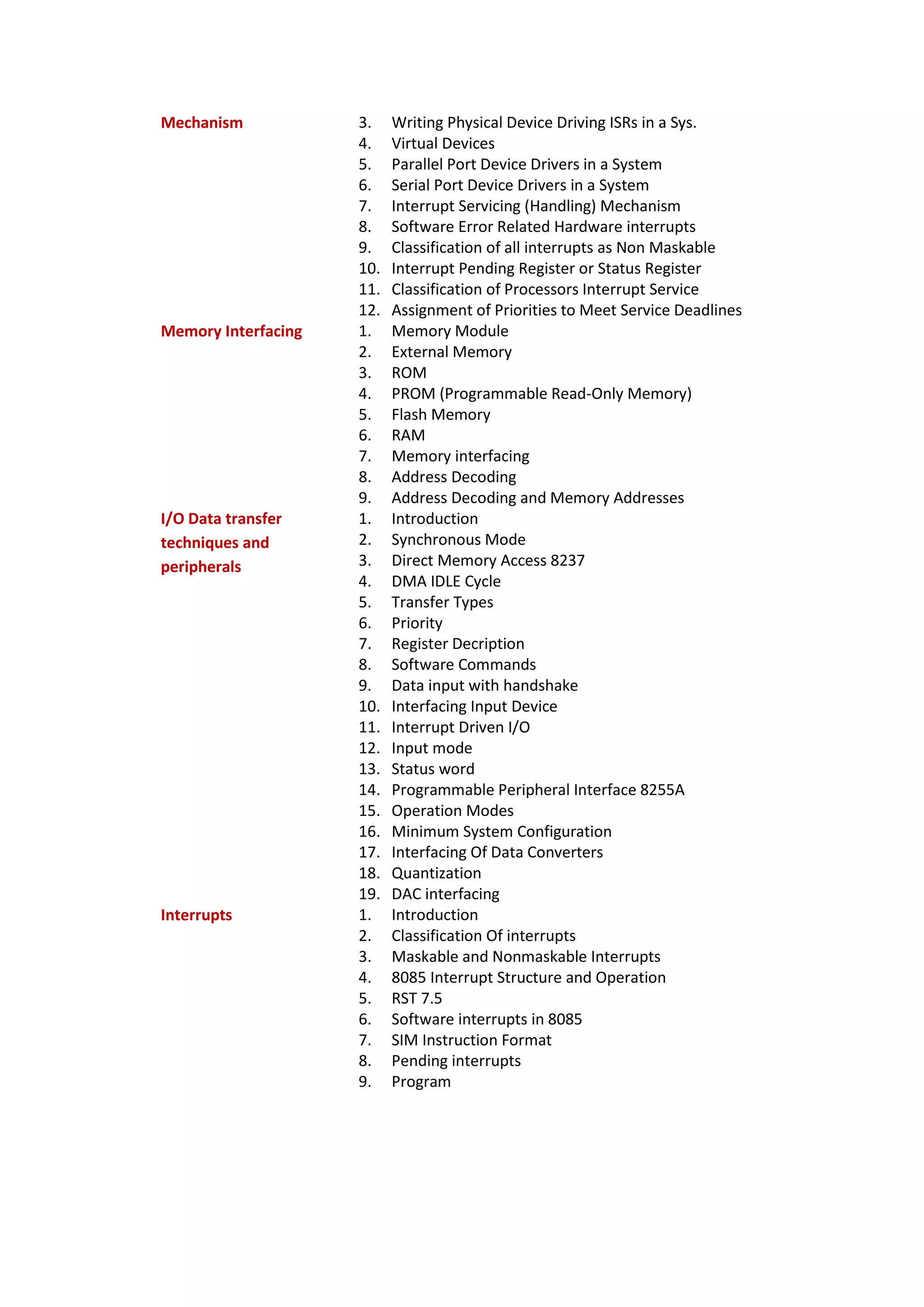 Mechanism 3. Writing Physical Device Driving ISRs in a Sys.
4. Virtual Devices
5. Parallel Port Device Drivers in a System
6. Serial Port Device Drivers in a System
7. Interrupt Servicing (Handling) Mechanism
8. Software Error Related Hardware interrupts
9. Classification of all interrupts as Non Maskable
10. Interrupt Pending Register or Status Register
11. Classification of Processors Interrupt Service
12. Assignment of Priorities to Meet Service Deadlines
Memory Interfacing 1. Memory Module
2. External Memory
3. ROM
4. PROM (Programmable Read-Only Memory)
5. Flash Memory
6. RAM
7. Memory interfacing
8. Address Decoding
9. Address Decoding and Memory Addresses
I/O Data transfer
techniques and
peripherals
1. Introduction
2. Synchronous Mode
3. Direct Memory Access 8237
4. DMA IDLE Cycle
5. Transfer Types
6. Priority
7. Register Decription
8. Software Commands
9. Data input with handshake
10. Interfacing Input Device
11. Interrupt Driven I/O
12. Input mode
13. Status word
14. Programmable Peripheral Interface 8255A
15. Operation Modes
16. Minimum System Configuration
17. Interfacing Of Data Converters
18. Quantization
19. DAC interfacing
Interrupts 1. Introduction
2. Classification Of interrupts
3. Maskable and Nonmaskable Interrupts
4. 8085 Interrupt Structure and Operation
5. RST 7.5
6. Software interrupts in 8085
7. SIM Instruction Format
8. Pending interrupts
9. Program
 