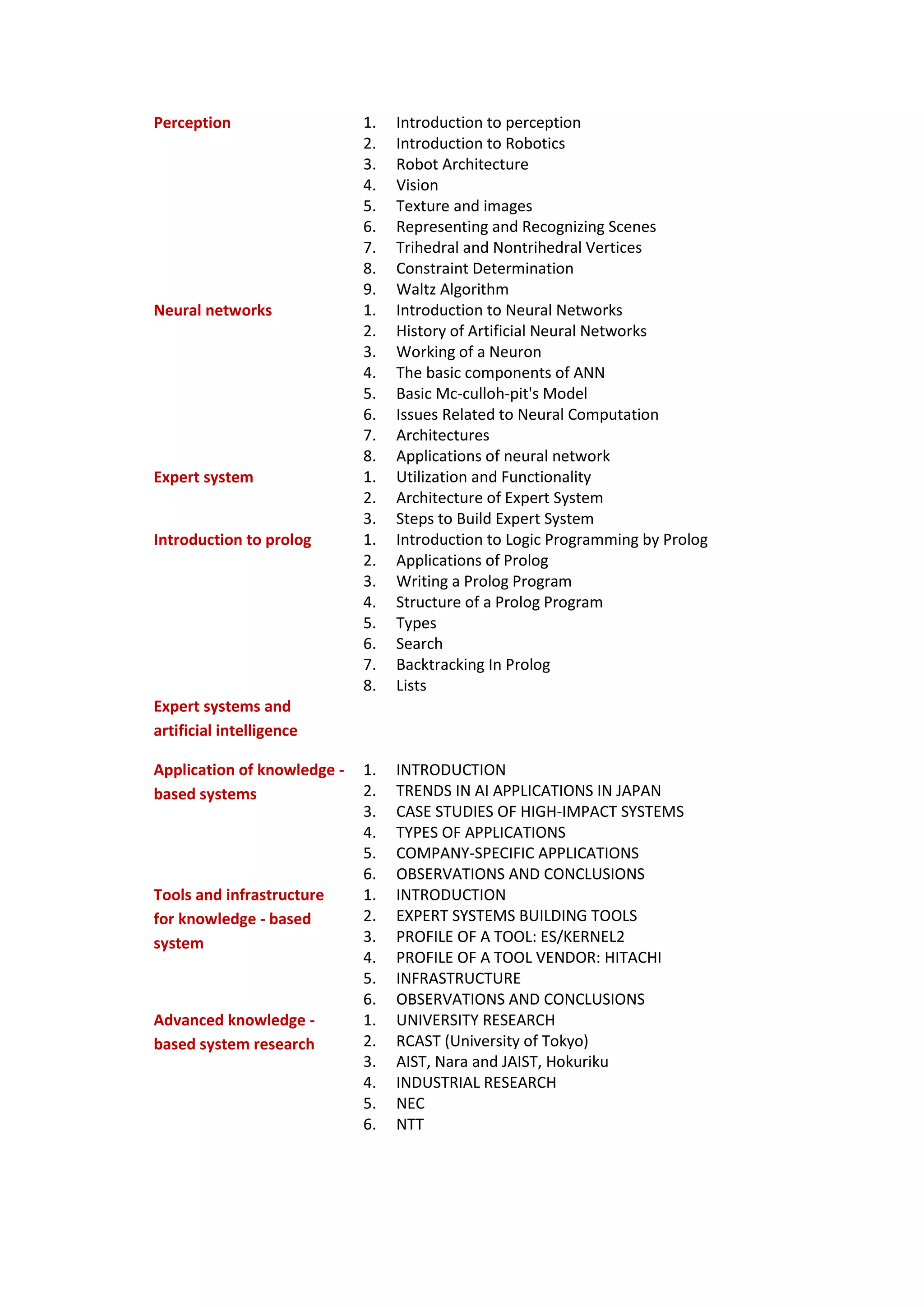 Perception 1. Introduction to perception
2. Introduction to Robotics
3. Robot Architecture
4. Vision
5. Texture and images
6. Representing and Recognizing Scenes
7. Trihedral and Nontrihedral Vertices
8. Constraint Determination
9. Waltz Algorithm
Neural networks 1. Introduction to Neural Networks
2. History of Artificial Neural Networks
3. Working of a Neuron
4. The basic components of ANN
5. Basic Mc-culloh-pit's Model
6. Issues Related to Neural Computation
7. Architectures
8. Applications of neural network
Expert system 1. Utilization and Functionality
2. Architecture of Expert System
3. Steps to Build Expert System
Introduction to prolog 1. Introduction to Logic Programming by Prolog
2. Applications of Prolog
3. Writing a Prolog Program
4. Structure of a Prolog Program
5. Types
6. Search
7. Backtracking In Prolog
8. Lists
Expert systems and
artificial intelligence
Application of knowledge -
based systems
1. INTRODUCTION
2. TRENDS IN AI APPLICATIONS IN JAPAN
3. CASE STUDIES OF HIGH-IMPACT SYSTEMS
4. TYPES OF APPLICATIONS
5. COMPANY-SPECIFIC APPLICATIONS
6. OBSERVATIONS AND CONCLUSIONS
Tools and infrastructure
for knowledge - based
system
1. INTRODUCTION
2. EXPERT SYSTEMS BUILDING TOOLS
3. PROFILE OF A TOOL: ES/KERNEL2
4. PROFILE OF A TOOL VENDOR: HITACHI
5. INFRASTRUCTURE
6. OBSERVATIONS AND CONCLUSIONS
Advanced knowledge -
based system research
1. UNIVERSITY RESEARCH
2. RCAST (University of Tokyo)
3. AIST, Nara and JAIST, Hokuriku
4. INDUSTRIAL RESEARCH
5. NEC
6. NTT
 
