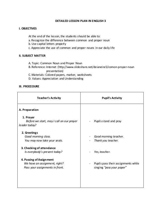 example of presentation in detailed lesson plan