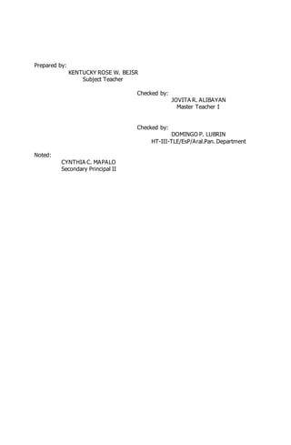 Prepared by:
KENTUCKY ROSE W. BEJSR
Subject Teacher
Checked by:
JOVITA R. ALIBAYAN
Master Teacher I
Checked by:
DOMINGO P. LUBRIN
HT-III-TLE/EsP/Aral.Pan. Department
Noted:
CYNTHIA C. MAPALO
Secondary Principal II
 