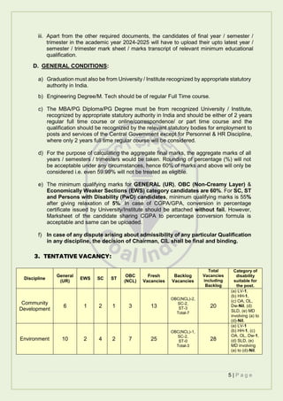 5 | P a g e
iii. Apart from the other required documents, the candidates of final year / semester /
trimester in the academic year 2024-2025 will have to upload their upto latest year /
semester / trimester mark sheet / marks transcript of relevant minimum educational
qualification.
D. GENERAL CONDITIONS:
a) Graduation must also be from University / Institute recognized by appropriate statutory
authority in India.
b) Engineering Degree/M. Tech should be of regular Full Time course.
c) The MBA/PG Diploma/PG Degree must be from recognized University / Institute,
recognized by appropriate statutory authority in India and should be either of 2 years
regular full time course or online/correspondence/ or part time course and the
qualification should be recognized by the relevant statutory bodies for employment to
posts and services of the Central Government except for Personnel & HR Discipline,
where only 2 years full time regular course will be considered.
d) For the purpose of calculating the aggregate final marks, the aggregate marks of all
years / semesters / trimesters would be taken. Rounding of percentage (%) will not
be acceptable under any circumstances, hence 60% of marks and above will only be
considered i.e. even 59.99% will not be treated as eligible.
e) The minimum qualifying marks for GENERAL (UR), OBC (Non-Creamy Layer) &
Economically Weaker Sections (EWS) category candidates are 60%. For SC, ST
and Persons with Disability (PwD) candidates, minimum qualifying marks is 55%
after giving relaxation of 5%. In case of CGPA/GPA, conversion in percentage
certificate issued by University/Institute should be attached without fail. However,
Marksheet of the candidate sharing CGPA to percentage conversion formula is
acceptable and same can be uploaded.
f) In case of any dispute arising about admissibility of any particular Qualification
in any discipline, the decision of Chairman, CIL shall be final and binding.
3. TENTATIVE VACANCY:
Discipline
General
(UR)
EWS SC ST
OBC
(NCL)
Fresh
Vacancies
Backlog
Vacancies
Total
Vacancies
including
Backlog
Category of
disability
suitable for
the post.
Community
Development
6 1 2 1 3 13
OBC(NCL)-2,
SC-2,
ST-3
Total-7
20
(a) LV-1,
(b) HH-1,
(c) OA, OL,
Dw-Nil, (d)
SLD, (e) MD
involving (a) to
(d)-Nil.
Environment 10 2 4 2 7 25
OBC(NCL)-1,
SC-2,
ST-0
Total-3
28
(a) LV-1
(b) HH-1, (c)
OA, OL, Dw-1,
(d) SLD, (e)
MD involving
(a) to (d)-Nil.
 