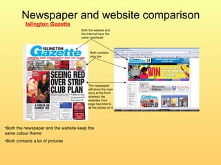 Newspaper and website comparison Islington Gazette Both the website and the Internet have the same masthead The newspaper will show the main story at the front whereas the websites front page has links to all the stories on it Both contains plug box Both the newspaper and the website keep the same colour theme Both contains a lot of pictures 