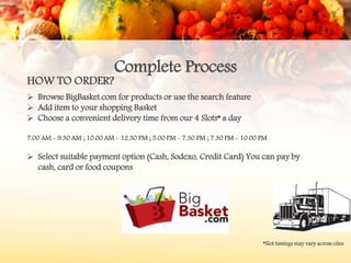 Complete Process
HOW TO ORDER?
 Browse BigBasket.com for products or use the search feature
 Add item to your shopping Basket
 Choose a convenient delivery time from our 4 Slots* a day
7.00 AM - 9.30 AM ; 10.00 AM - 12.30 PM ; 5.00 PM - 7.30 PM ; 7.30 PM - 10.00 PM
 Select suitable payment option (Cash, Sodexo, Credit Card) You can pay by
cash, card or food coupons
*Slot timings may vary across cites
 