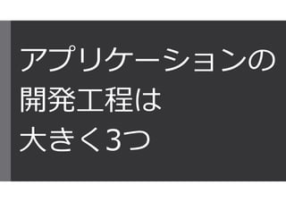 アプリケーションの
開発工程は
⼤きく3つ
 