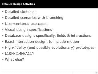 Detailed Design Activities


 Detailed sketches

 Detailed scenarios with branching

 User-centered use cases

 Visual...