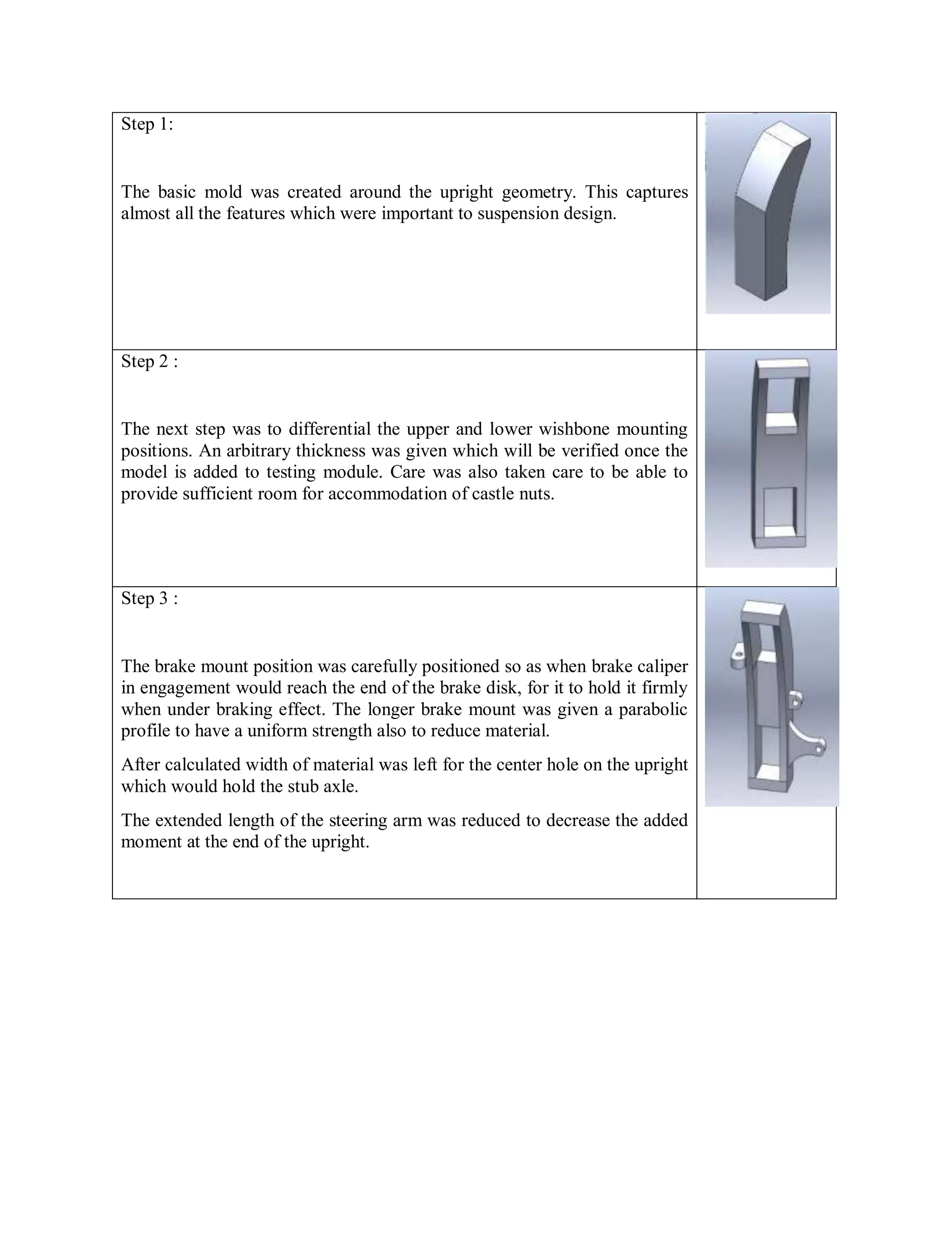 Step 1:
The basic mold was created around the upright geometry. This captures
almost all the features which were important to suspension design.
Step 2 :
The next step was to differential the upper and lower wishbone mounting
positions. An arbitrary thickness was given which will be verified once the
model is added to testing module. Care was also taken care to be able to
provide sufficient room for accommodation of castle nuts.
Step 3 :
The brake mount position was carefully positioned so as when brake caliper
in engagement would reach the end of the brake disk, for it to hold it firmly
when under braking effect. The longer brake mount was given a parabolic
profile to have a uniform strength also to reduce material.
After calculated width of material was left for the center hole on the upright
which would hold the stub axle.
The extended length of the steering arm was reduced to decrease the added
moment at the end of the upright.
 
