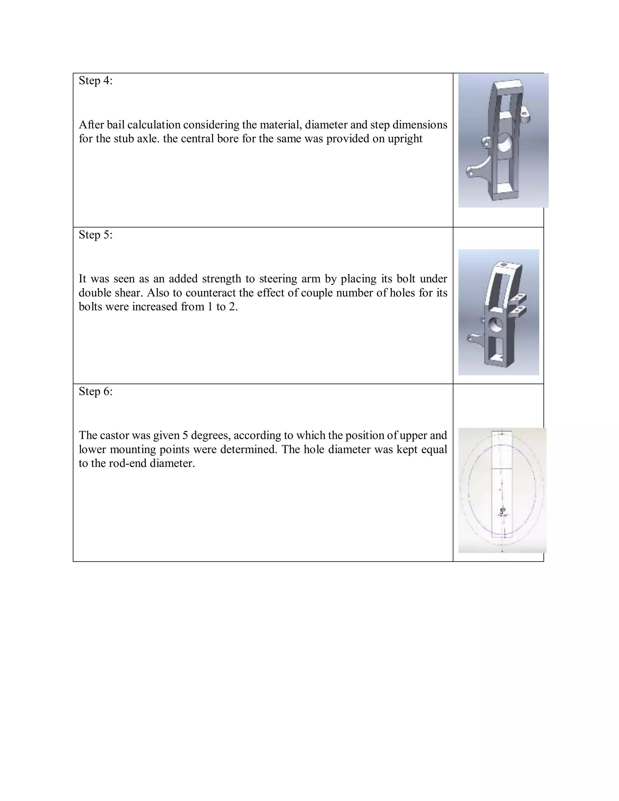 Step 4:
After bail calculation considering the material, diameter and step dimensions
for the stub axle. the central bore for the same was provided on upright
Step 5:
It was seen as an added strength to steering arm by placing its bolt under
double shear. Also to counteract the effect of couple number of holes for its
bolts were increased from 1 to 2.
Step 6:
The castor was given 5 degrees, according to which the position of upper and
lower mounting points were determined. The hole diameter was kept equal
to the rod-end diameter.
 