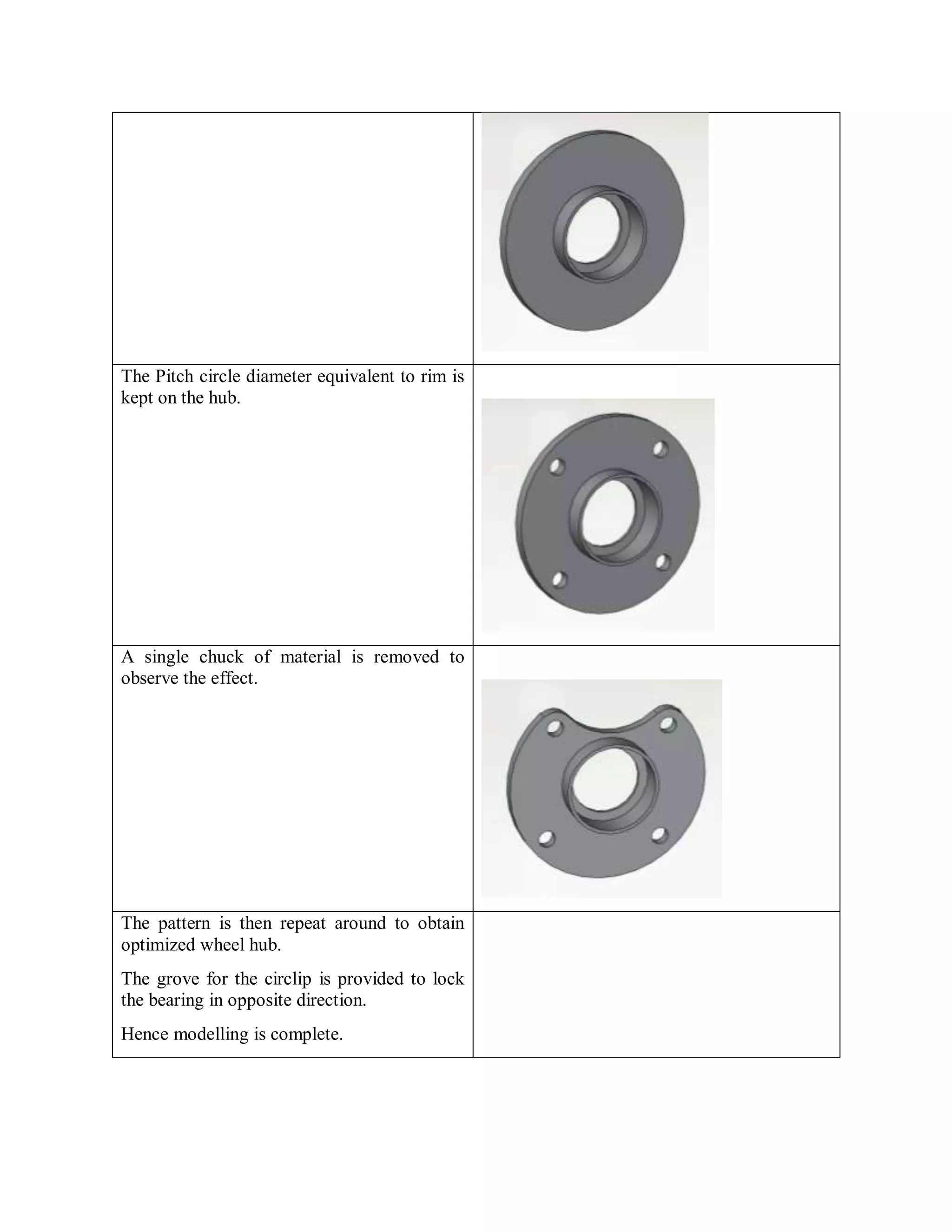 The Pitch circle diameter equivalent to rim is
kept on the hub.
A single chuck of material is removed to
observe the effect.
The pattern is then repeat around to obtain
optimized wheel hub.
The grove for the circlip is provided to lock
the bearing in opposite direction.
Hence modelling is complete.
 