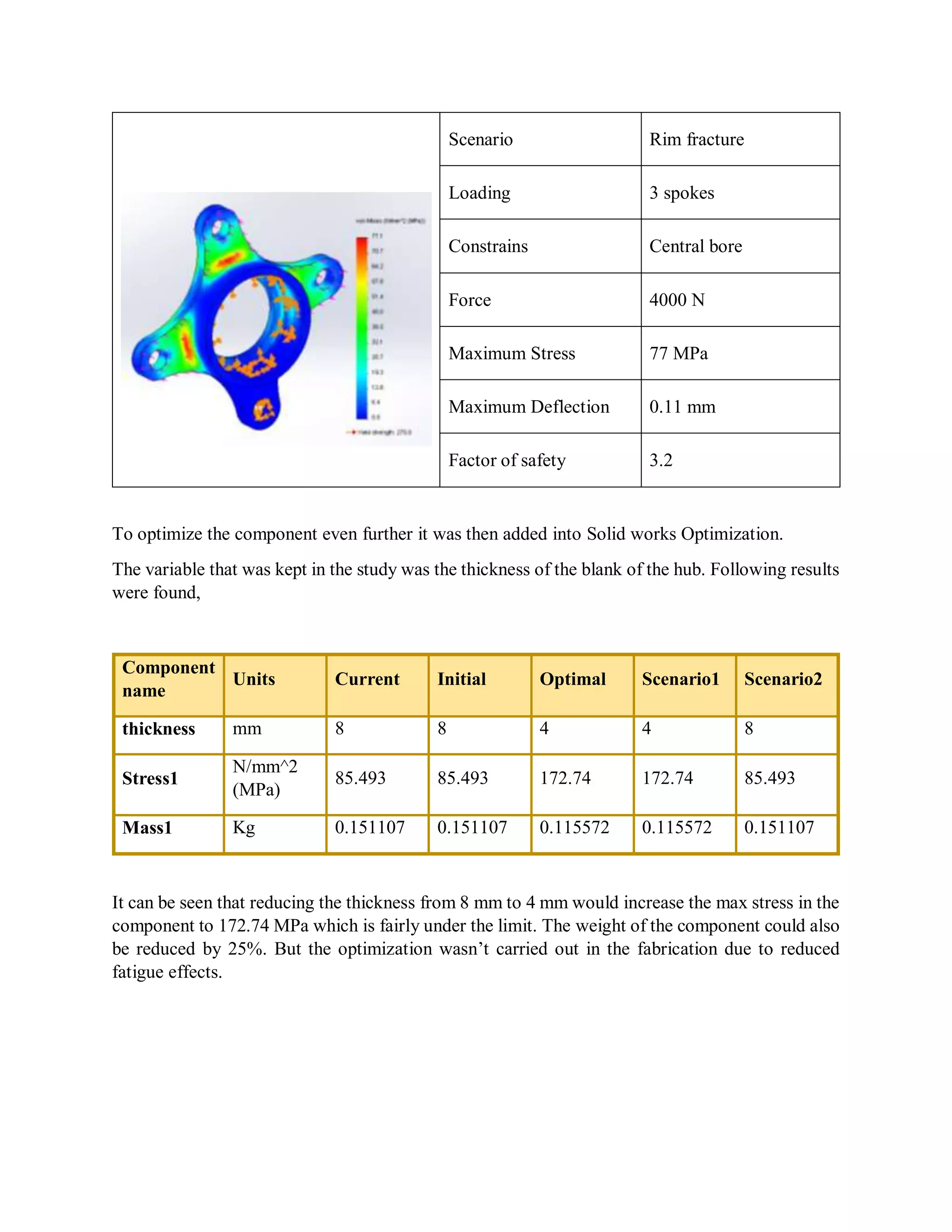 Scenario Rim fracture
Loading 3 spokes
Constrains Central bore
Force 4000 N
Maximum Stress 77 MPa
Maximum Deflection 0.11 mm
Factor of safety 3.2
To optimize the component even further it was then added into Solid works Optimization.
The variable that was kept in the study was the thickness of the blank of the hub. Following results
were found,
Component
name
Units Current Initial Optimal Scenario1 Scenario2
thickness mm 8 8 4 4 8
Stress1
N/mm^2
(MPa)
85.493 85.493 172.74 172.74 85.493
Mass1 Kg 0.151107 0.151107 0.115572 0.115572 0.151107
It can be seen that reducing the thickness from 8 mm to 4 mm would increase the max stress in the
component to 172.74 MPa which is fairly under the limit. The weight of the component could also
be reduced by 25%. But the optimization wasn’t carried out in the fabrication due to reduced
fatigue effects.
 