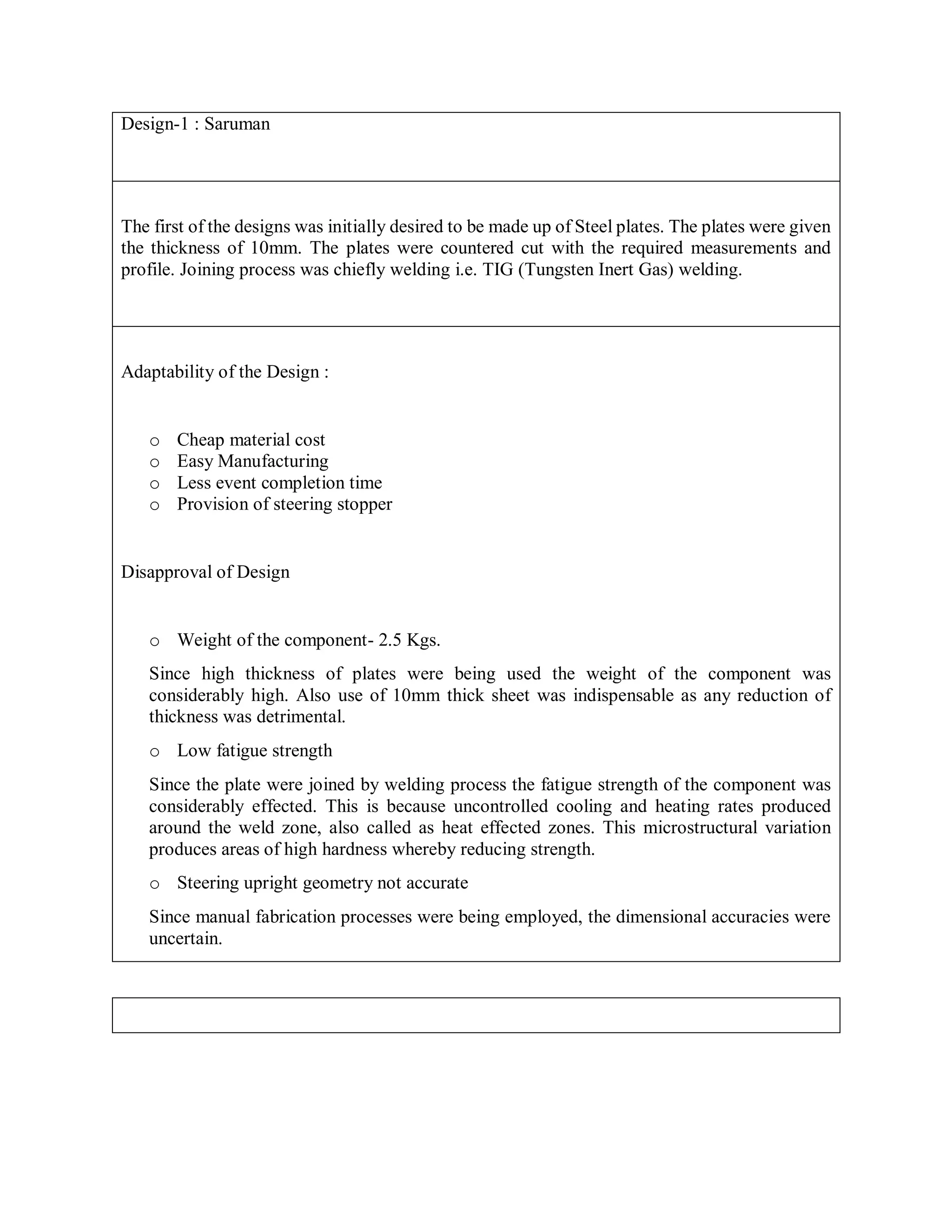 Design-1 : Saruman
The first of the designs was initially desired to be made up of Steel plates. The plates were given
the thickness of 10mm. The plates were countered cut with the required measurements and
profile. Joining process was chiefly welding i.e. TIG (Tungsten Inert Gas) welding.
Adaptability of the Design :
o Cheap material cost
o Easy Manufacturing
o Less event completion time
o Provision of steering stopper
Disapproval of Design
o Weight of the component- 2.5 Kgs.
Since high thickness of plates were being used the weight of the component was
considerably high. Also use of 10mm thick sheet was indispensable as any reduction of
thickness was detrimental.
o Low fatigue strength
Since the plate were joined by welding process the fatigue strength of the component was
considerably effected. This is because uncontrolled cooling and heating rates produced
around the weld zone, also called as heat effected zones. This microstructural variation
produces areas of high hardness whereby reducing strength.
o Steering upright geometry not accurate
Since manual fabrication processes were being employed, the dimensional accuracies were
uncertain.
 