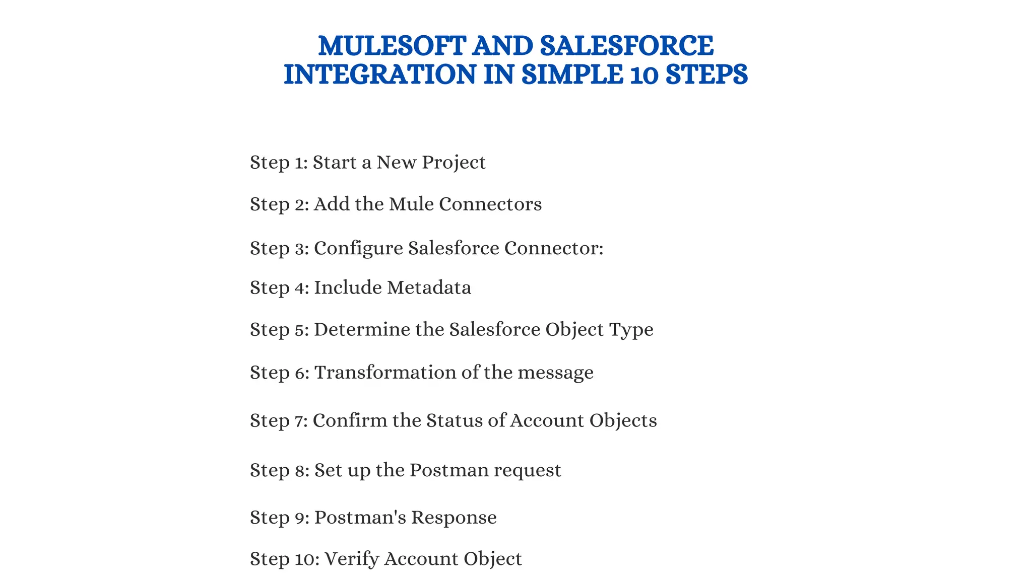 MULESOFT AND SALESFORCE
INTEGRATION IN SIMPLE 10 STEPS
Step 1: Start a New Project
Step 2: Add the Mule Connectors
Step 3: Configure Salesforce Connector:
Step 4: Include Metadata
Step 5: Determine the Salesforce Object Type
Step 6: Transformation of the message
Step 7: Confirm the Status of Account Objects
Step 8: Set up the Postman request
Step 9: Postman's Response
Step 10: Verify Account Object