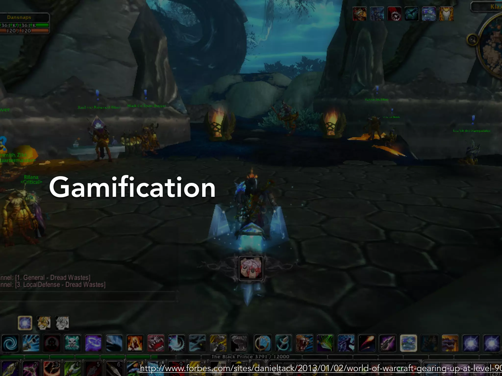 Gamification
http://www.forbes.com/sites/danieltack/2013/01/02/world-of-warcraft-gearing-up-at-level-90
 