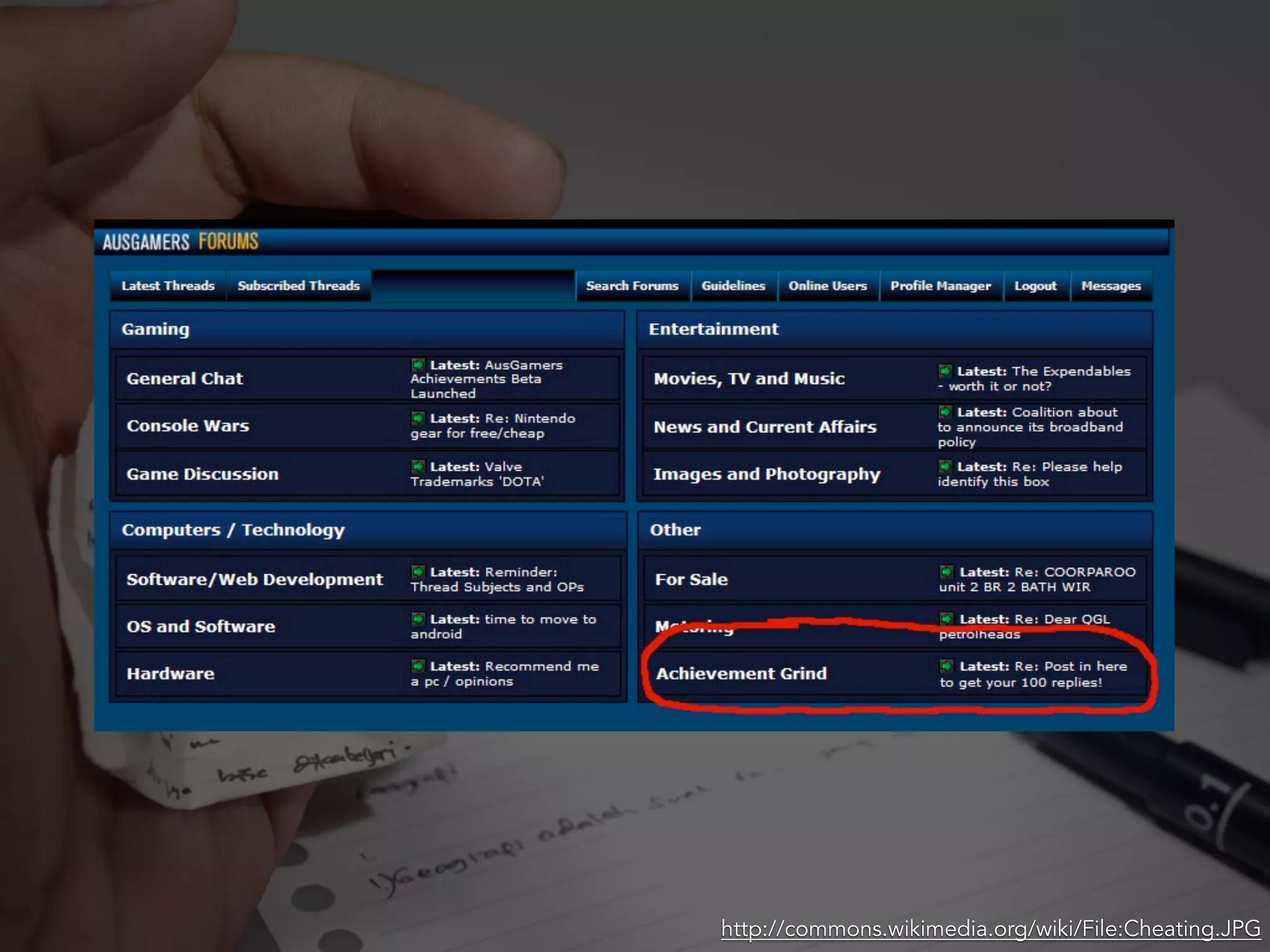 Cheating
http://commons.wikimedia.org/wiki/File:Cheating.JPG
 
