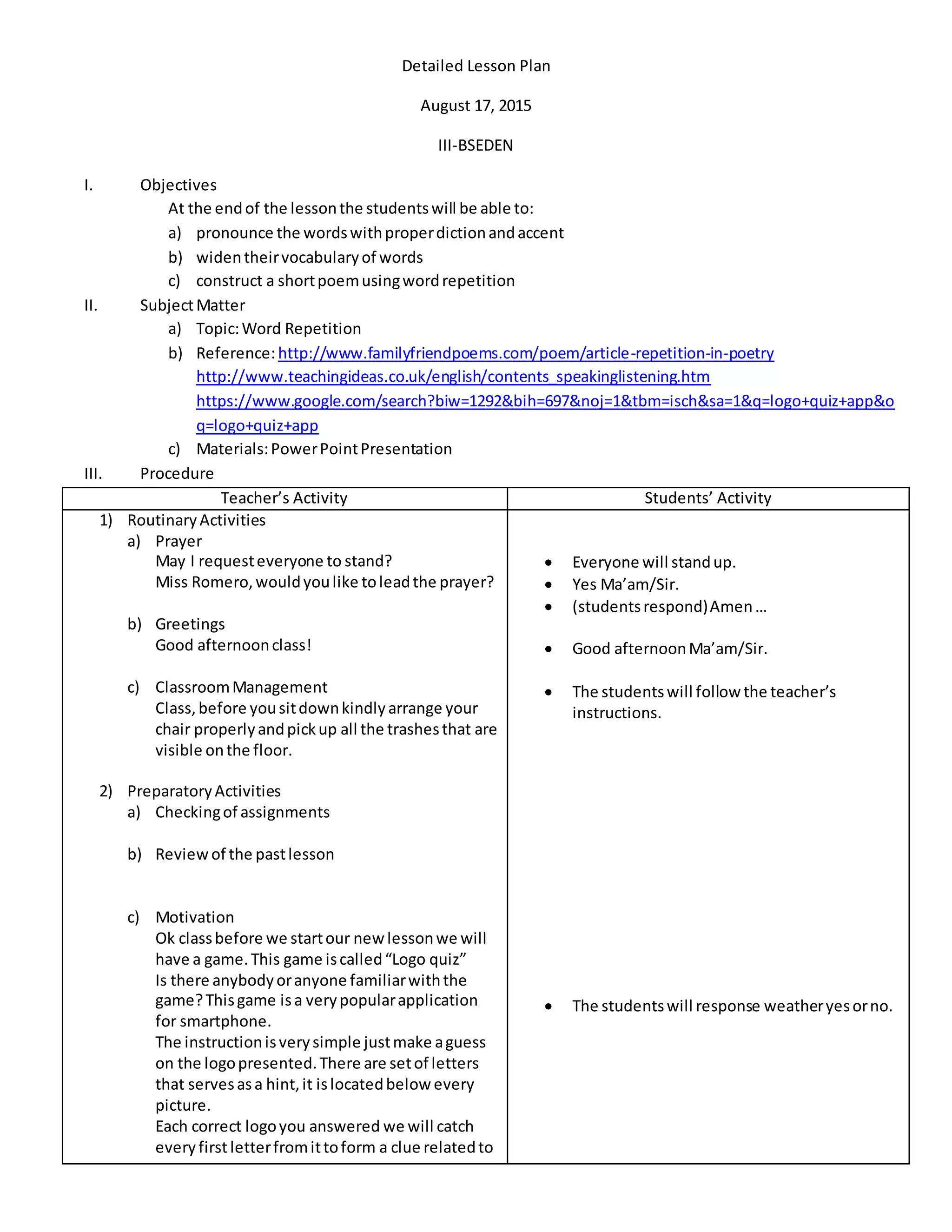 Detailed lesson plan | DOCX