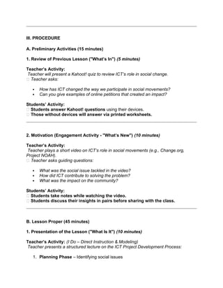 Lesson Plan Using Ict DETAILED LESSON PLAN on ict to promote social change | DOCX