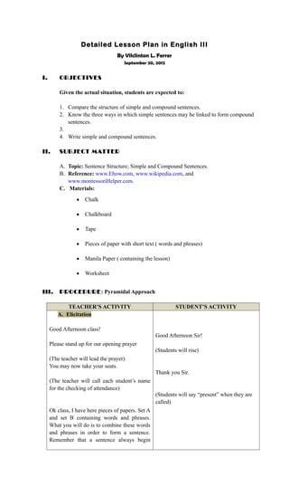 Detailed lesson plan   sentence structure;simple & compound