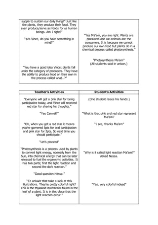 supply to sustain our daily living?” Just like
the plants, they produce their food. They
even produce/serve as foods for us human
beings. Am I right?”
“Yes Vince, do you have something in
mind?”
“You have a good idea Vince; plants fall
under the category of producers. They have
the ability to produce food on their own in
the process called what…?”
“Yes Ma’am, you are right. Plants are
producers and we animals are the
consumers. It is because we cannot
produce our own food but plants do in a
chemical process called photosynthesis.”
“Photosynthesis Ma’am”
(All students said in unison.)
Teacher’s Activities Student’s Activities
“Everyone will get a pink star for being
participative today, and Vince will received
red star for sharing his thoughts.”
“Yes Carmel?”
“Oh, when you get a red star it means
you’ve garnered 5pts for oral participation
and pink star for 2pts. So next time you
should participate.”
“Let’s proceed”
“Photosynthesis is a process used by plants
to convert light energy, normally from the
Sun, into chemical energy that can be later
released to fuel the organisms' activities. It
has two parts; first the light reaction and
second the dark reaction.”
“Good question Nessa.”
“To answer that take a look at this
illustrations. They’re pretty colorful right?
This is the thylakoid membrane found in the
leaf of a plant. It is in this place that the
light reaction occur.”
(One student raises his hands.)
“What is that pink and red star represent
Ma’am?
“I see, thanks Ma’am”
“Why is it called light reaction Ma’am?”
Asked Nessa.
“Yes, very colorful indeed”
 