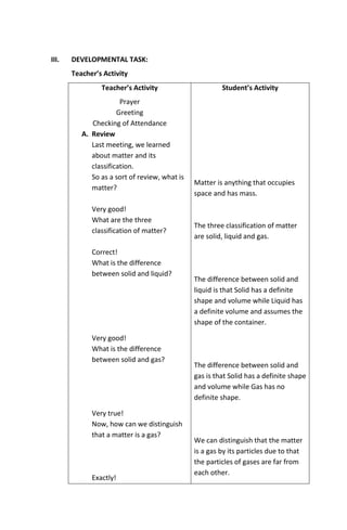 III. DEVELOPMENTAL TASK:
Teacher’s Activity
Teacher’s Activity
Prayer
Greeting
Checking of Attendance
A. Review
Last meeting, we learned
about matter and its
classification.
So as a sort of review, what is
matter?
Very good!
What are the three
classification of matter?
Correct!
What is the difference
between solid and liquid?
Very good!
What is the difference
between solid and gas?
Very true!
Now, how can we distinguish
that a matter is a gas?
Exactly!
Student’s Activity
Matter is anything that occupies
space and has mass.
The three classification of matter
are solid, liquid and gas.
The difference between solid and
liquid is that Solid has a definite
shape and volume while Liquid has
a definite volume and assumes the
shape of the container.
The difference between solid and
gas is that Solid has a definite shape
and volume while Gas has no
definite shape.
We can distinguish that the matter
is a gas by its particles due to that
the particles of gases are far from
each other.
 